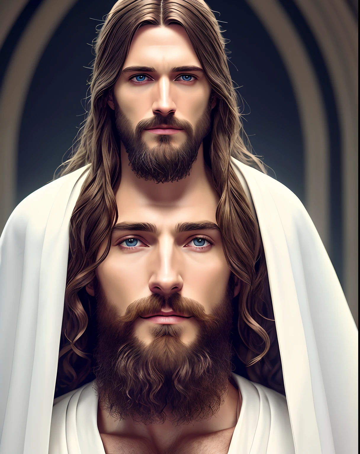 (symmetry),centered,a ((close)) up portrait,(Jesus),a very thin white man with long hair and a beard,wearing a long white robe,35mm,natural skin,clothes detail, 8k texture, 8k, insane details, intricate details, hyperdetailedhighly detailed,realistic,soft cinematic light,HDR,sharp focus, ((((cinematic look)))),intricate, elegant, highly detailed