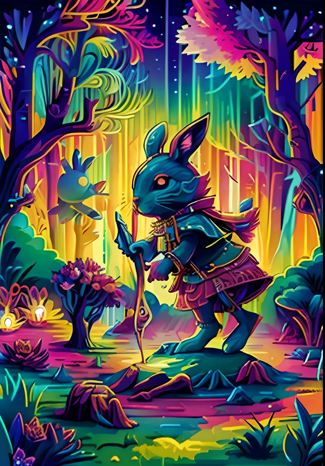 a brightly colored rabbit in the forest a cloudless blue sky background, Coelho Radiante, cores altamente detalhadas, vibrant high contrast coloring, arte digital detalhada, arte digital detalhada, cores detalhadas, cores brilhantes altamente detalhadas, Arte digital colorida, arte colorida ultra detalhada, arte de fantasia digital colorida, arte detalhada em cores, coelho incandescente, desenho digital detalhado
