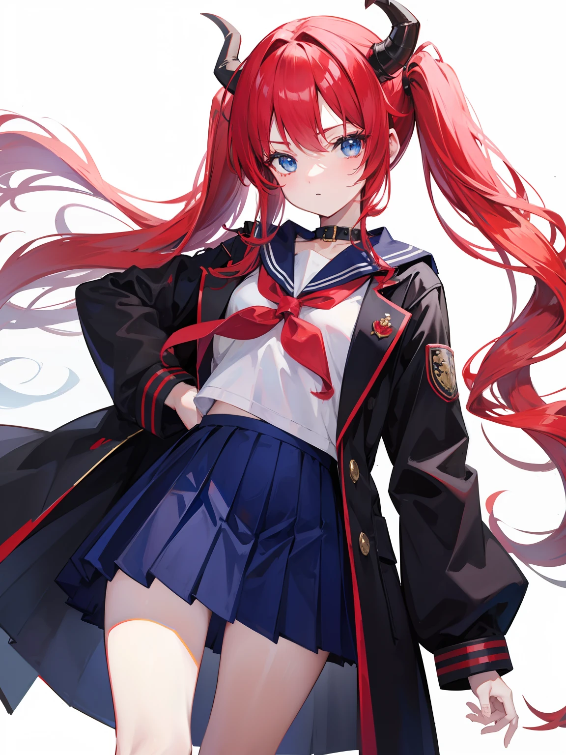 red hair, blue eyes, twintails, Sailor suit,black coat, Dragon horns,Pleated skirt,solo,,cute,bow