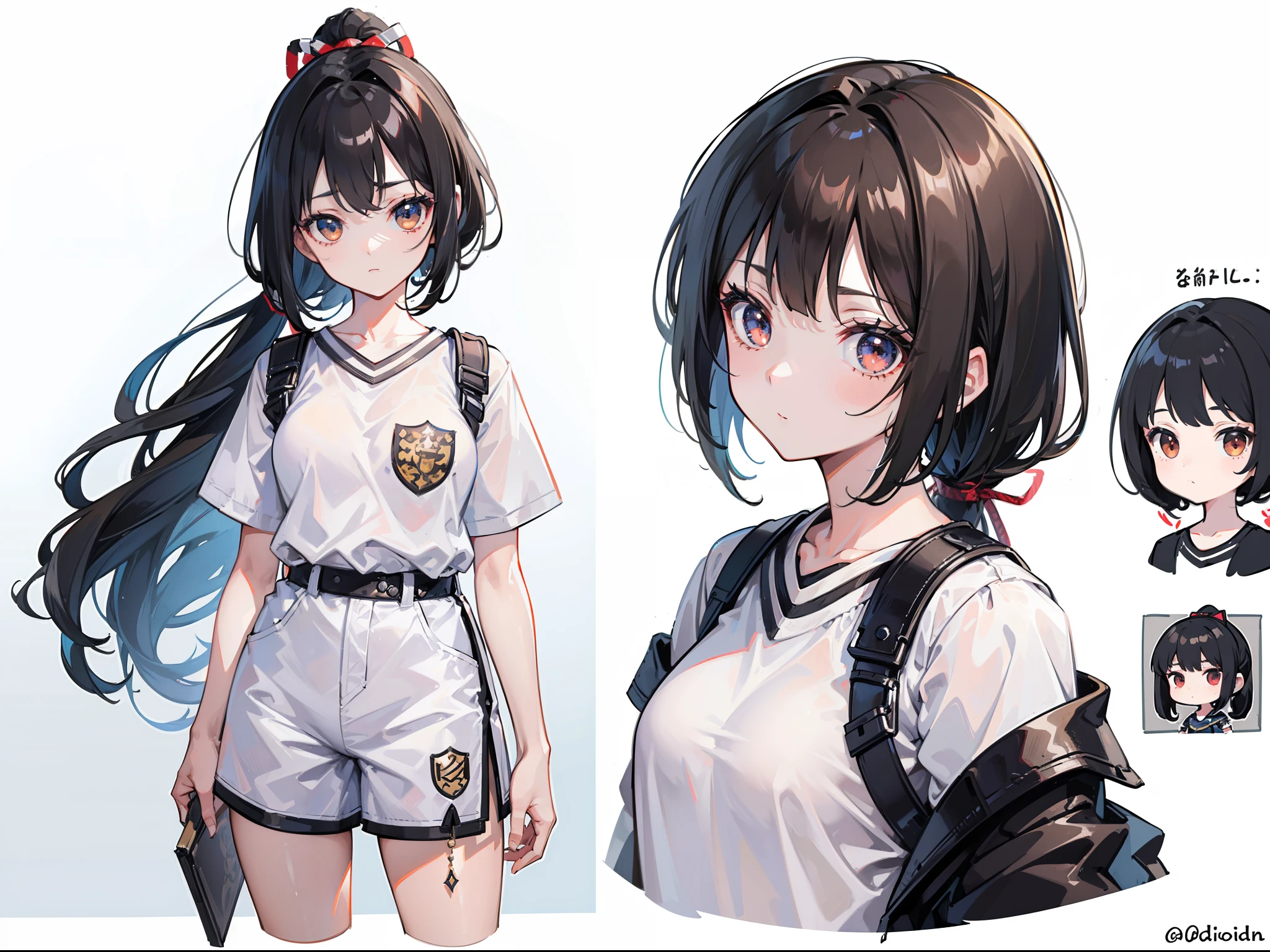 ((Masterpiece, Highest quality)), Detailed face, CharacterDesignSheet, full bodyesbian, Full of details, Multiple poses and expressions, Highly detailed, Depth, Many parts,the girl with black hair,long whitr hair,Low ponytail,white short sleeve,brown shorts,White board shoes,Natural stay,adolable,Short stature