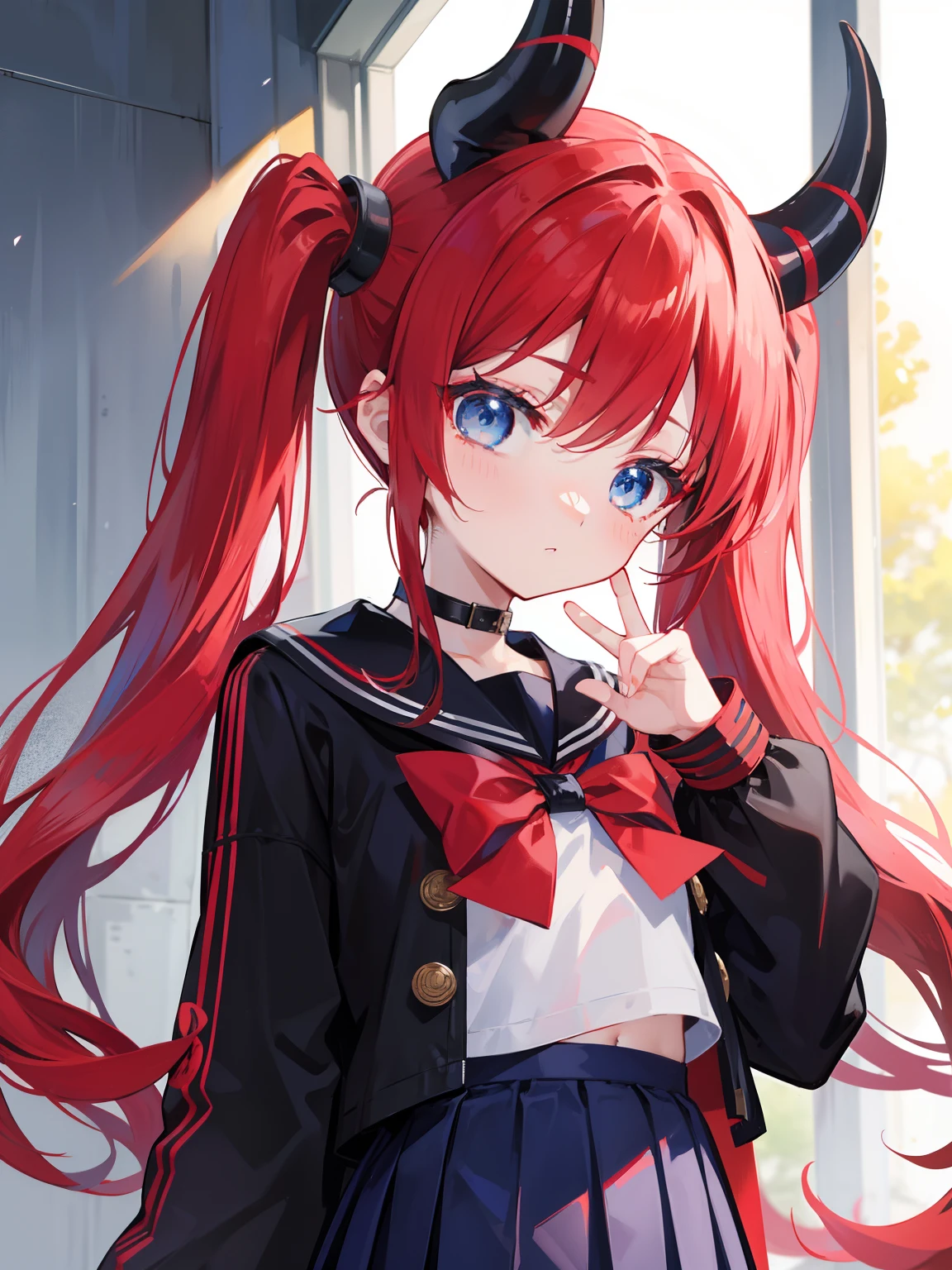 red hair, blue eyes, twintails, Sailor suit,black coat, Dragon horns,Pleated skirt,solo,li,cute,bow