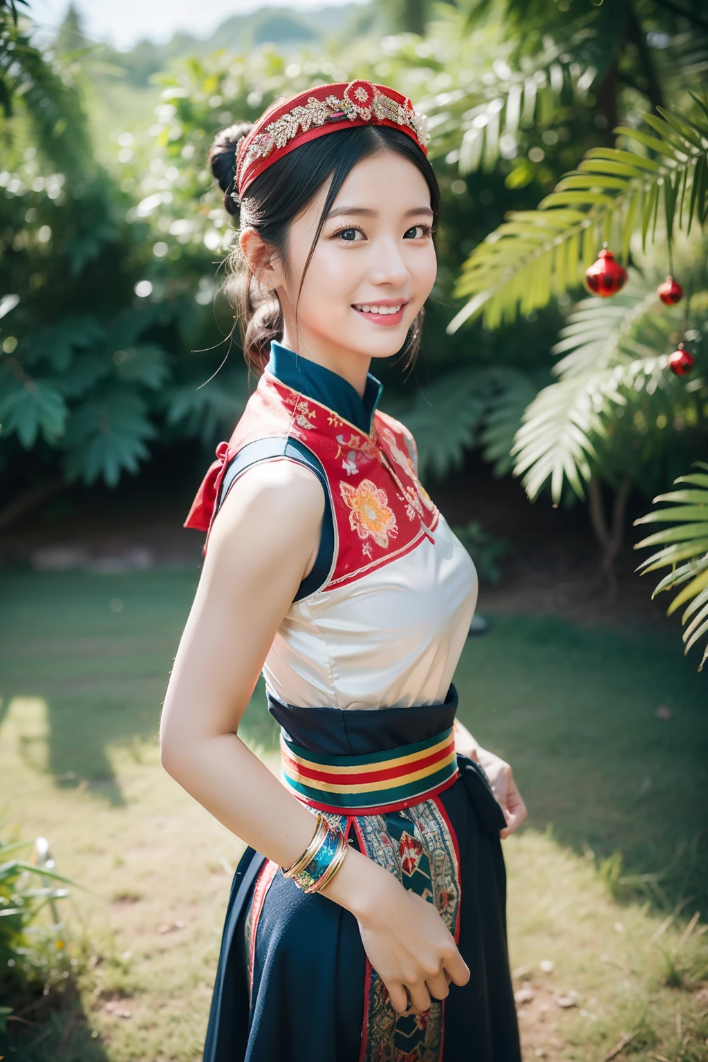 (8K分辨率,Vista full body photo),(1womanl,20yr old,(Facial features of Thai Aom:1.8,s delicate face),详细的脸,Redlip,Fair smooth skin,(Classic Hmong costume:1.4,(breastsout、The back is trimmed with floral cloth,The cuffs are multi-colored horizontal bars,Cardigans,Wear short waist-length),Headband silver crown(Silver crown(styling:It is quadrangular and protruding,Wrapped around such as a spiral or eccentricity,Various patterns are printed on the plane),Silver item(Silver collars range from small to large with up to seven circles),silver necklace,Bun hairpin),(pleatedskirt,There is a waistband(Miao embroidery、batik)),耳Nipple Ring,bangle,Tall and tall,The action of conversation,perfect hand,Ultra-fine clothing material),(Traditional Xijiang Miao village,Festive party night background in cottage house,Exquisite environmental details),(exhilarated,confident smile,Rejoice),(profesional lighting,动态照明),((The colors are more balanced,(black in color,blue colors,red colour))),(Golden section,Cinema lenses,Hasselblad photograp,tmasterpiece:1.3),(Miaozhai idol,Focus in the field,trendsetting,Folklore artist,Art platform)
