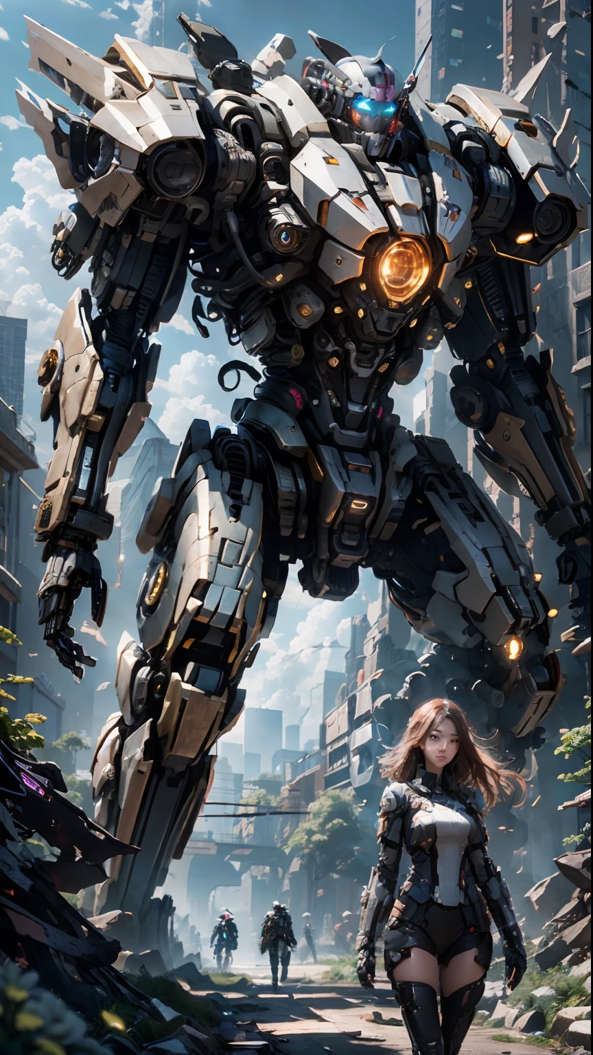 ((Best Quality)), ((Masterpiece)), (Very Detailed:1.3), 3D, Shitu-mecha, Beautiful cyberpunk woman with her pink mech in the ruins of a city in the forgotten war, Ancient technology, HDR (High Dynamic Range), ray tracing, NVIDIA RTX, super resolution, unreal 5, subsurface scattering, PBR texture, post-processing, anisotropic filtering, depth of field, maximum sharpness and sharpness, multi-layer texture, albedo and highlight maps, surface shading, Accurate simulation of light-material interactions, perfect proportions, octane rendering, duotone lighting, low ISO, white balance, rule of thirds, wide aperture, 8K RAW, efficient sub-pixels, subpixel convolution, luminescent particles, light scattering, Tyndall effect