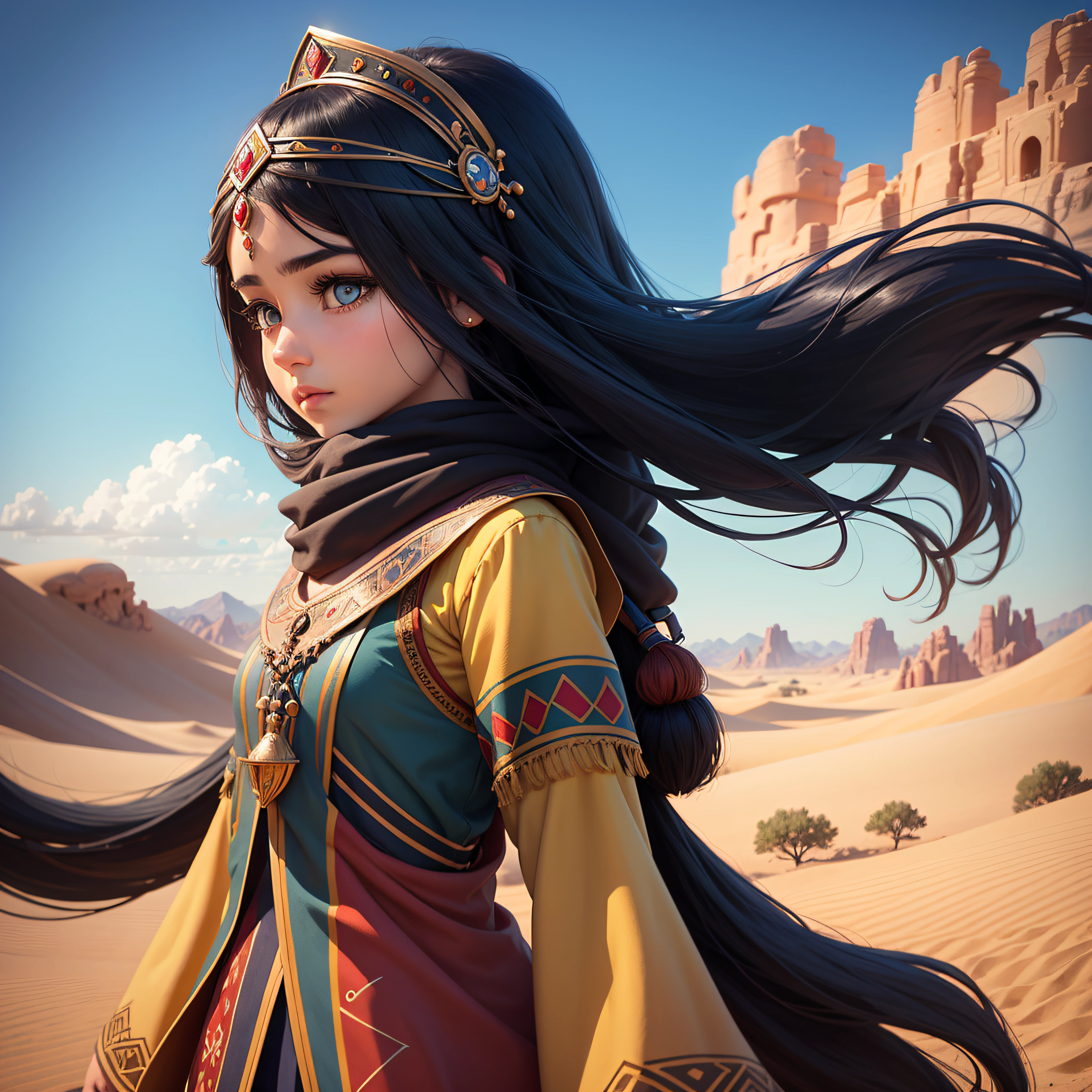 Beautiful Afghan girl, side view, Disney Pixar style, rotating, style, right side, desert -- auto -- s2