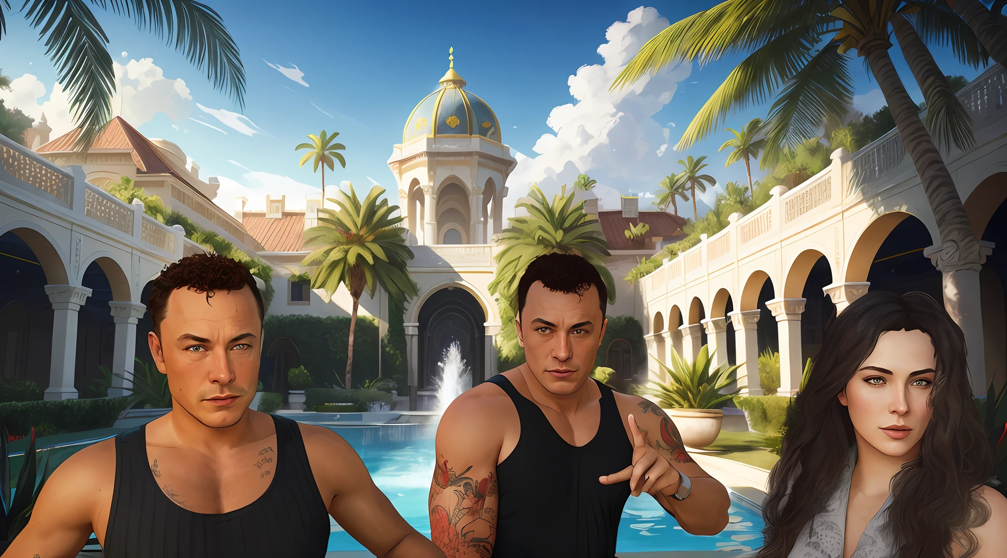 there are three people standing in front of a pool with a building in the background, style of gta v artworks, concept art like ernest khalimov, majestic masterpiece, mall background, arnold rendering, elon musk as a greek god, gta 5 cover art style, elon musk in gta v, donato giancola and tom bagshaw, palace background