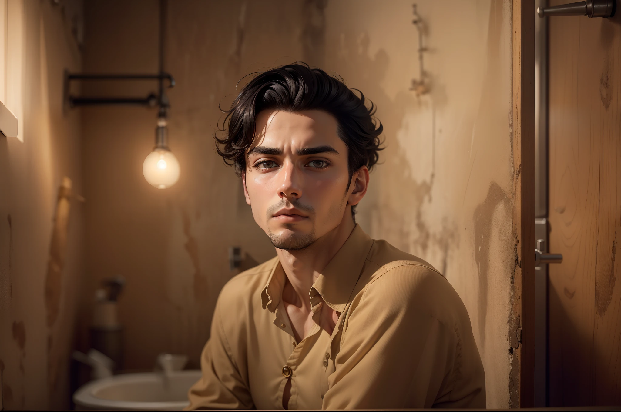 Ultra-realistic 8k image of a slim 25-year-old man, short black hair, dressed in a beige button-up blouse and beige pants, pensive expression, in front of a small washbasin in a rustic, dimly lit bathroom with faded walls, night