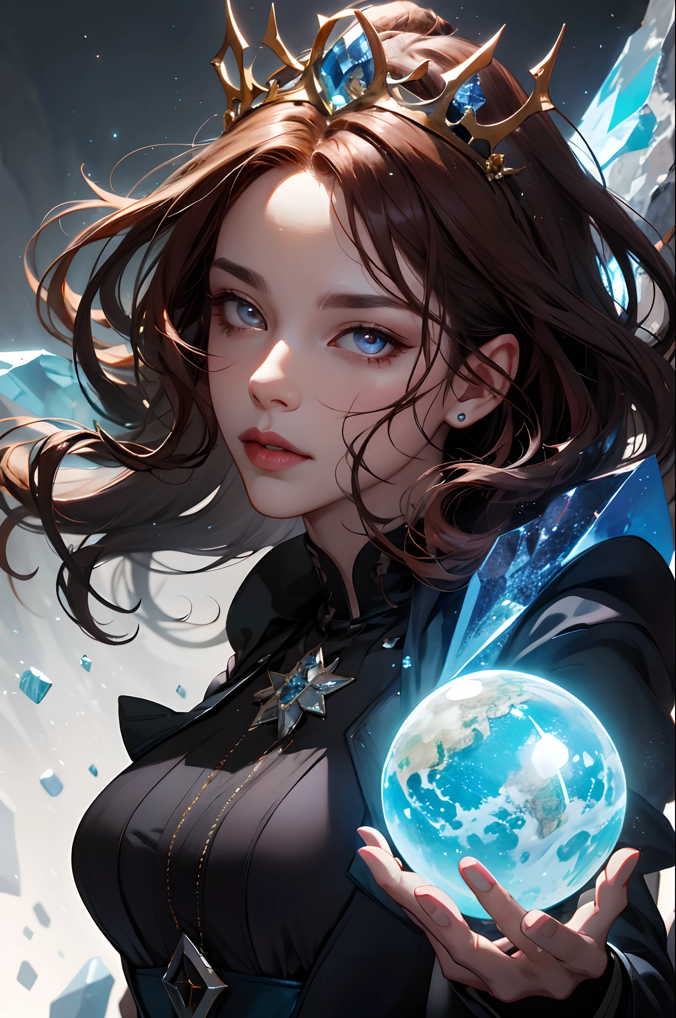 (absurdres, highres, ultra detailed), 1woman, mature female, aged up, wavy long hair, auburn hair, coral eyes, bangs, long sleeves, finely detailed eyes and detailed face, extremely detailed CG unity 8k wallpaper, intricate details, (style-swirlmagic:1.0), looking at viewer, solo, upper body, detailed background, close up, detailed face, (gothic dark ages theme:1.1), crystal sorcerer, dynamic pose, earth themed clothes, crystal crown, floating in the air, glowing magical shards, surrounded by blue magical crystals, rock formations, stalactites, magical floating particles, crystal glass, crystal sphere, crystal canyon background, (shallow water:0.7), epic ethereal atmosphere, updraft,, portrait