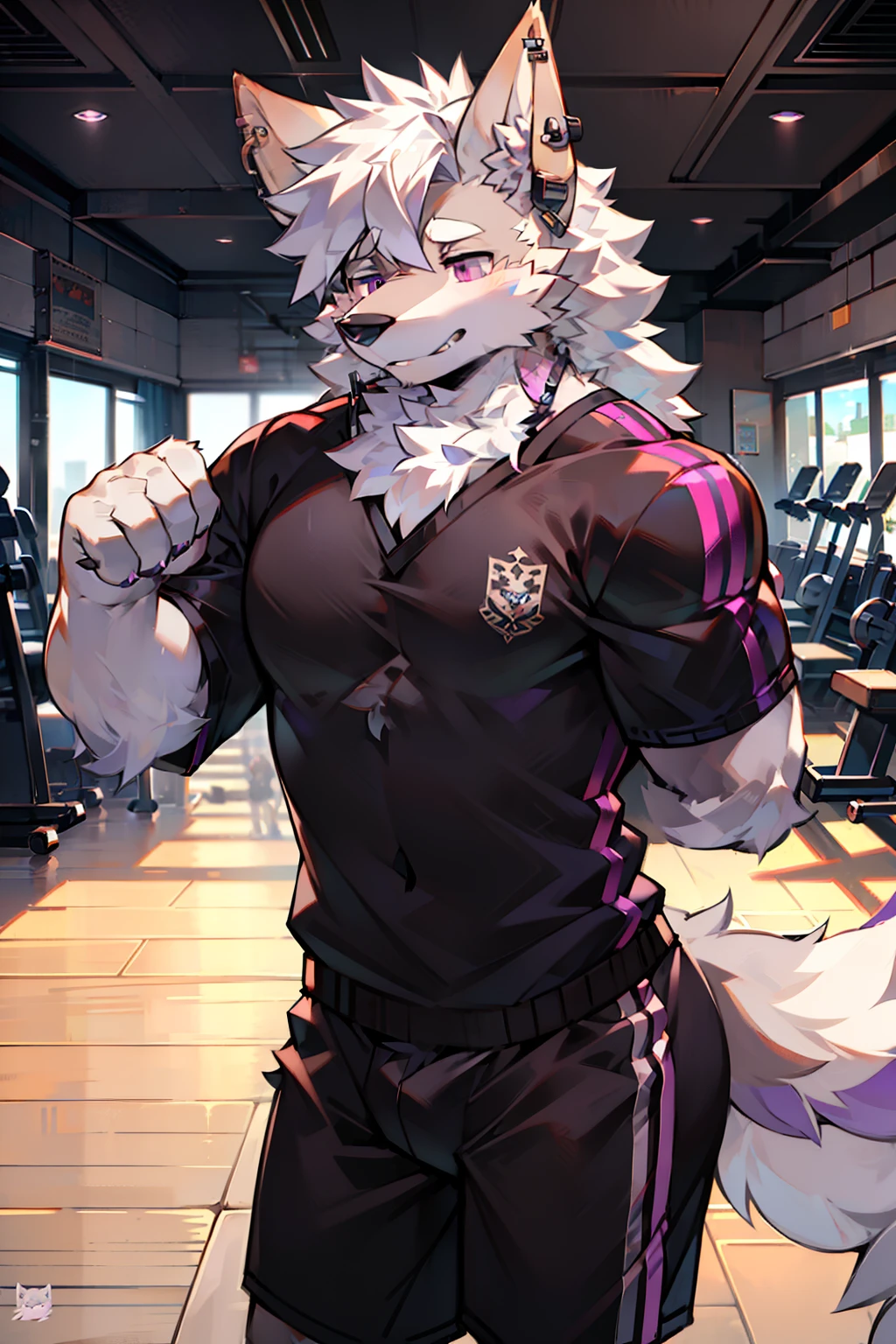solo person,shaggy male,hairy bodies,shoun,coyote,canid,Gray fur,long white hair,The ends of the hair are purple,Purple eye,Handsome,large tail,full bodyesbian,ear studs,gym room,Fitness,All-in-one garment