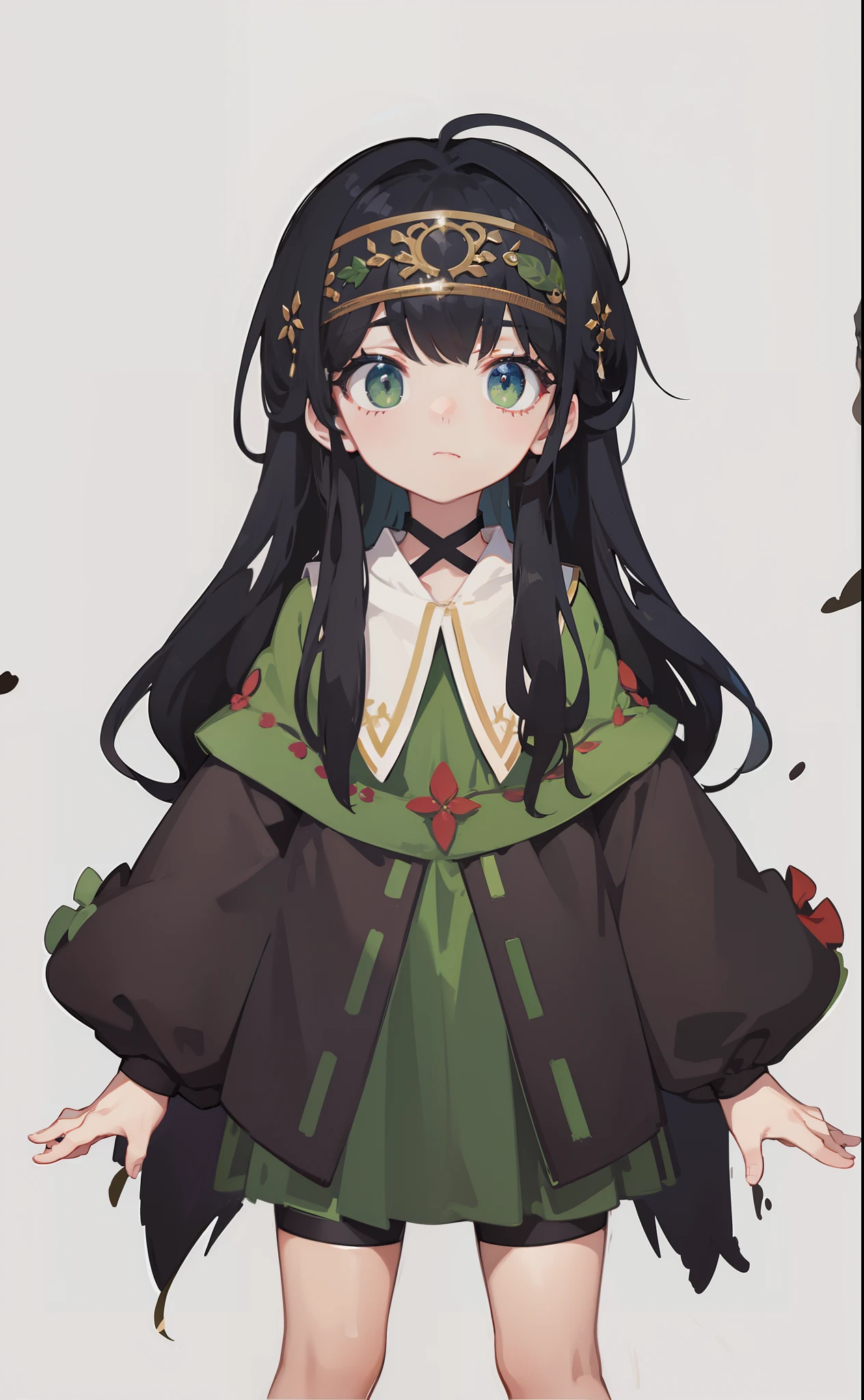 tiny faeries，Soft black hair，green-eyed，red eyes，Game illustration，Lovely 2D image；Cold perfect face and soft skin，Green eyes；Floating on the grass，detail-rich，splash image，8K分辨率，Perfect masterpiece；Art station digital painting smooth：A masterpiece with realistic 8K resolution；intricately details；Natural and three-dimensional lighting；复杂、fairytale-like，sprawling、fantasy。"