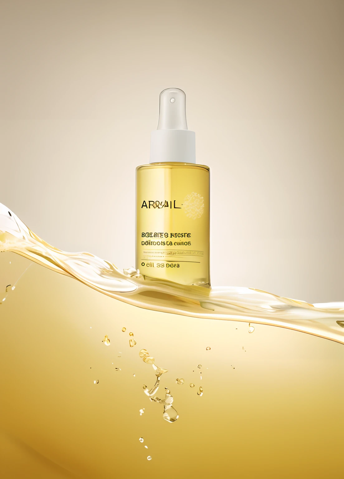 Close-up of a bottle of oil on a wave, Energetic, diffused natural skin glow, pristine skin, dramatic product shot, bottom angles, alternate angle, sweet almost oil, astounding, Radiant skin, glowing oil, attractiveness, artistic décor, Asirik, yellow aureole, late afternoon sun, professional product shot, crisp smooth lines, The eel theme bottle remains unchanged