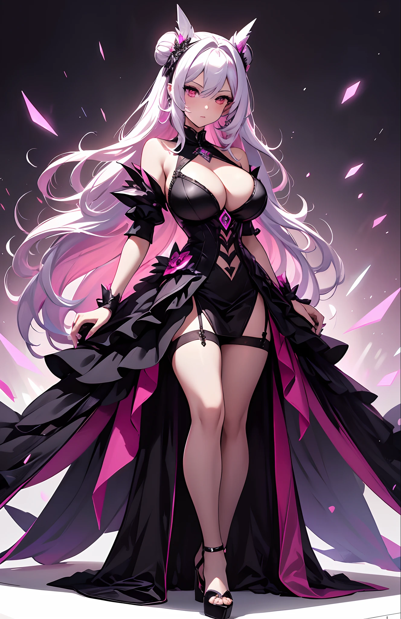 best qualityer,tmasterpiece,Ultimate resolution,downy,Extremely colorful,Colorful,Lady,a matural female,Black dress long dress,Gorgeous dress,feater,huge tit,(Short pink and white hair,A bun),black lence stockings,Stiletto sandals,Normal posture,Normal posture