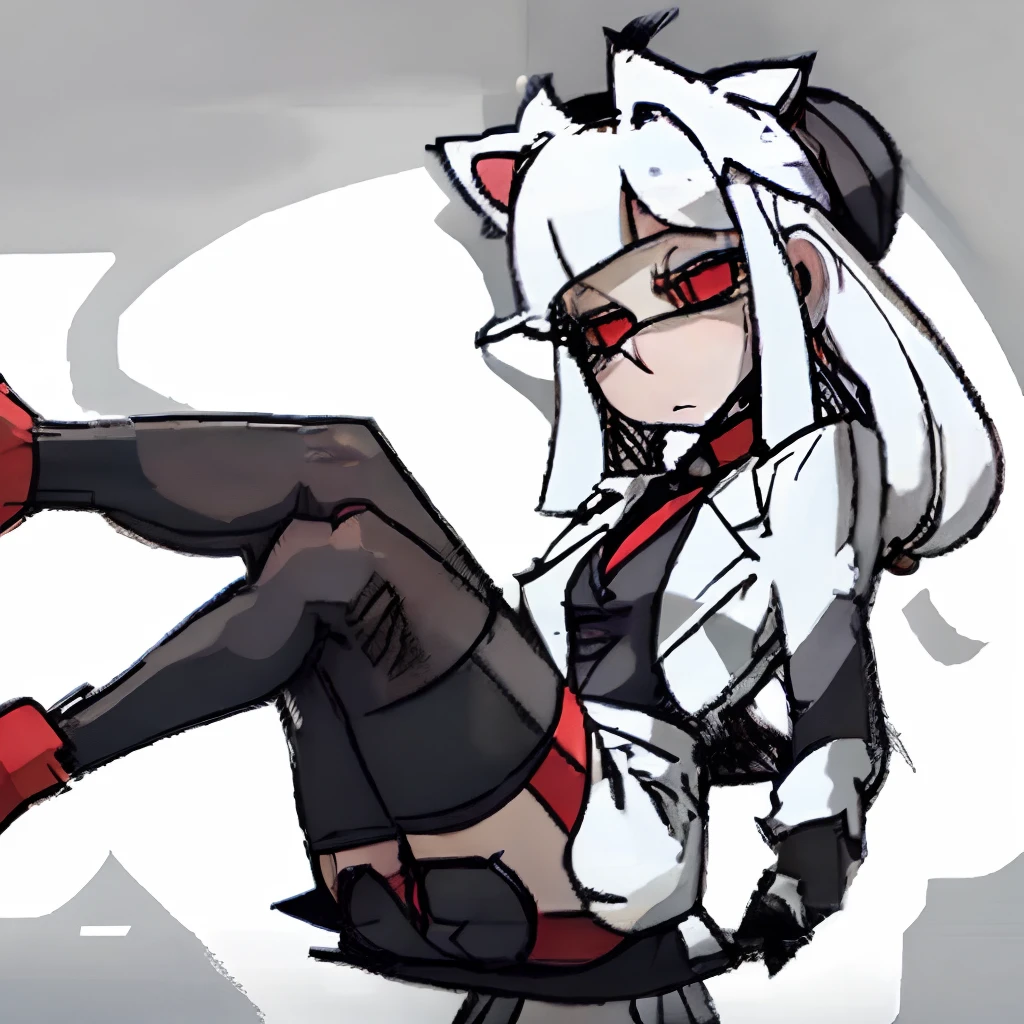 beret,Short white dress,Black sweatshirt,Red eyes,white stockings,long white hair,Cat ears,blackstockings,is shy,a cat tail