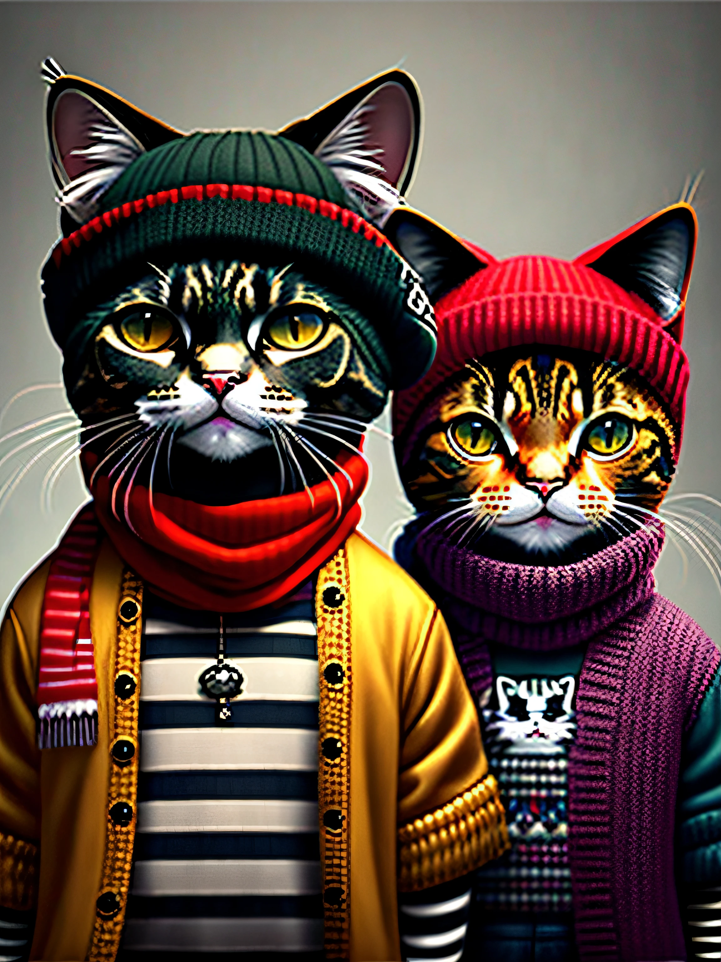 Pictures of cats wearing hats and scarves, art station trends, wearing punk clothes, ultra-realistic detailed rendering, English gang members, urban style, intimidating poses, cat planet, fashion clothing, urban warriors, meow meow, Western Slavic features, 815