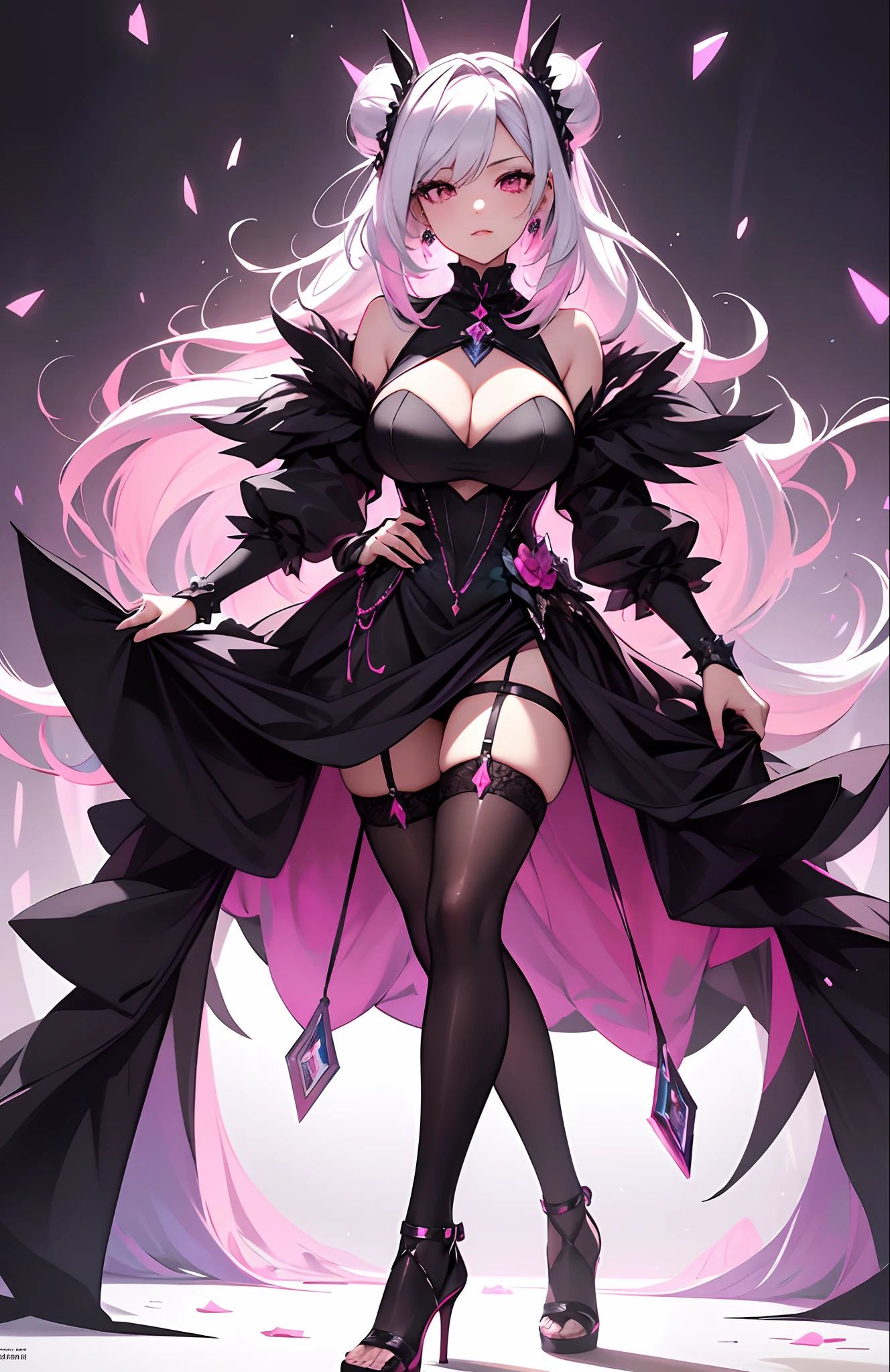 best qualityer,tmasterpiece,Ultimate resolution,downy,Extremely colorful,Colorful,Lady,a matural female,Black dress long dress,Gorgeous dress,feater,huge tit,(Short pink and white hair,A bun),black lence stockings,Stiletto sandals,Normal posture,Normal posture