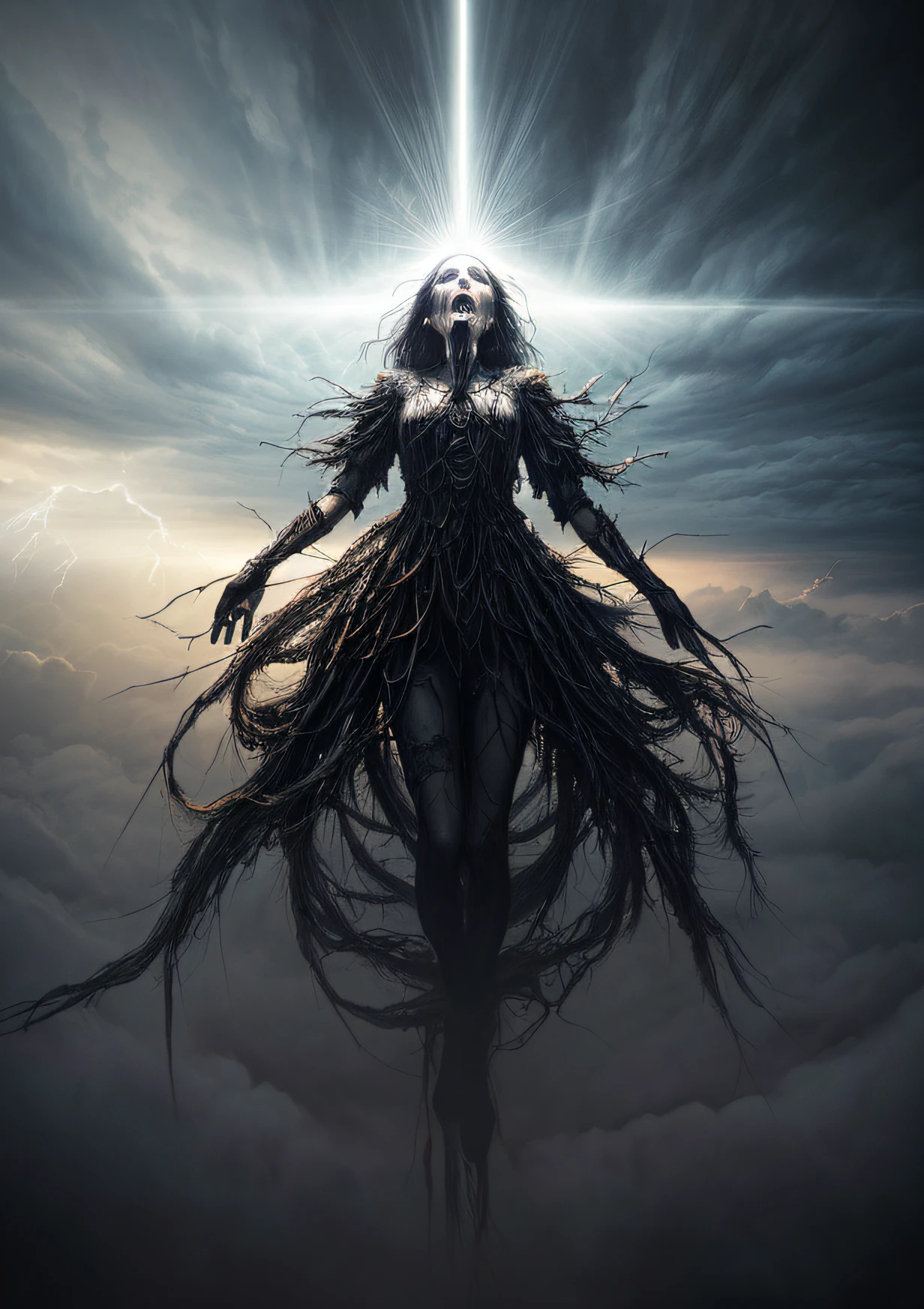 arafed image of a man hanging in the air above a field, arms wide open, (((beams of light coming out of his eyes and mouth))), his head tilted towards the sky, perfect face, surrounded by dust, surreal dark art, dark surreal art, human body breaking away, by Kurt Roesch, ego death, soul leaving body, by Artur Tarnowski, spiritual eerie creepy picture, dark but detailed digital art, beksisnski, beksinski stylen dark fantasy art, detailed 4k horror artwork, stefan koidl inspired, ((stefan koidl))