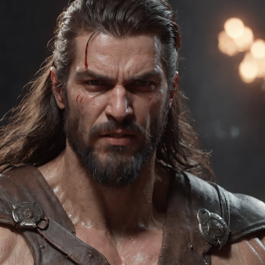 (professional 3d render:1.3) af (Realistic:1.3) most beautiful artwork photo in the world,Features soft and shiny male heroes, ((Epic hero fantasy muscle man rough wet hero angry looking long hair short beard and ferocious expression in dynamic pose, Fantastic location, Majestic cluttered environment)), Full body 8K unified rendering, action shot, skin pore, very dark lighting, heavyshading, Detailed, Detailed face, (vibrant, photograph realistic, Realistic, Dramatic, Dark, Sharp focus, 8K), (Old leather garments damaged by weathering:1.4), ((((Wear fur)))), (Intricate:1.4), decadent, (Highly detailed:1.4), Digital painting, rendering by octane, art stations, concept-art, smooth, Sharp focus, illustration, Art germ, (loish:0.23), wlop ilya kuvshinov, and greg rutkowski and alphonse mucha gracias, (Global illumination, Studio light, volumettic light), heavy rain, particles floating, lotr, fantasy, elf, full bodyesbian, ((Dark and ancient city background:1.3)),CGSesociety,art stations