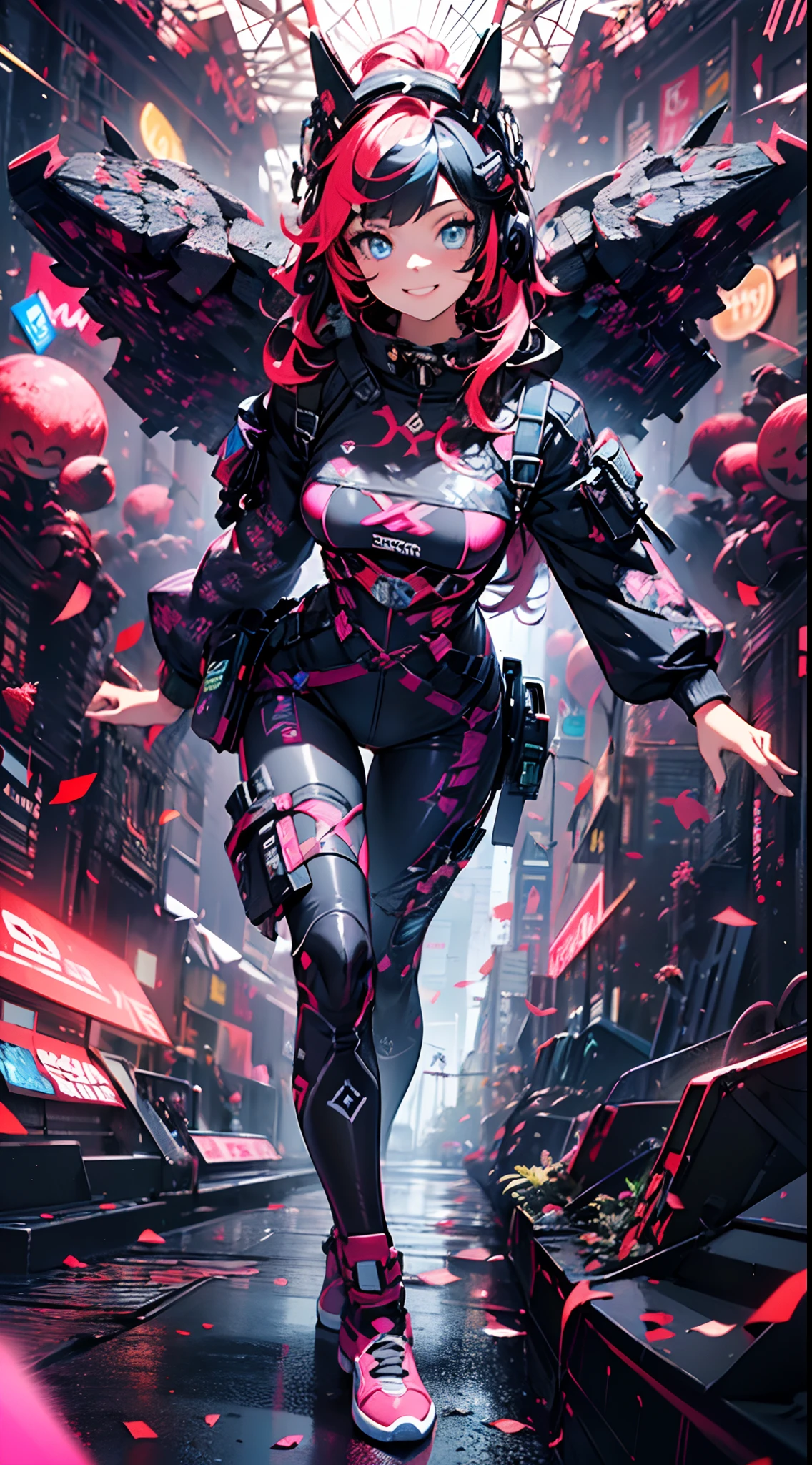 (cyberpunked),Optical camouflage、VR Goggles、Neon light、City of the Future、Jumpsuit、(1girl in, Solo:1.6),(Cute smile),(Clothes are simple), (Best Impact:1.5), (maximalism:1.7), Vivid contrast, (Realistic), hyperrealistic illustrations, hight resolution, ultra-detailliert, absurderes,(Fractal Art:1.3)、Random hairstyle、Random hair color colorful、FULL BODYSHOT、Retro、Precise focus、randome pose、cinema4d、Drama