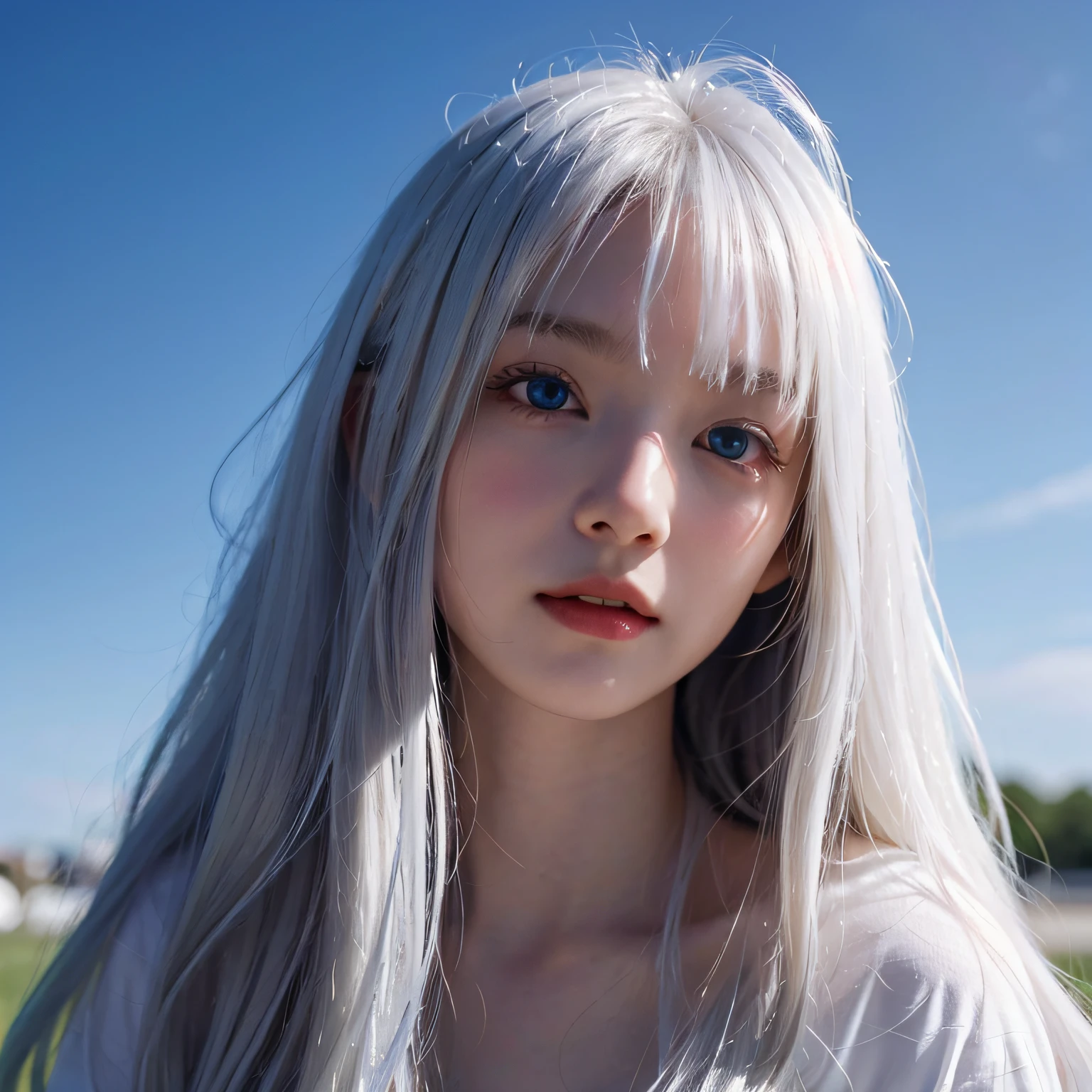 1 girl, Super long hair, Cute 、bright expression、Very beautiful face, Beautiful blue eyes, Bright and dazzling platinum blonde、Eyebrows behind bangs, Bright pupils, surrealism, nffsw, nffsw, textured white skin, high details, Best Quality, 4K, hight resolution、glowy skin