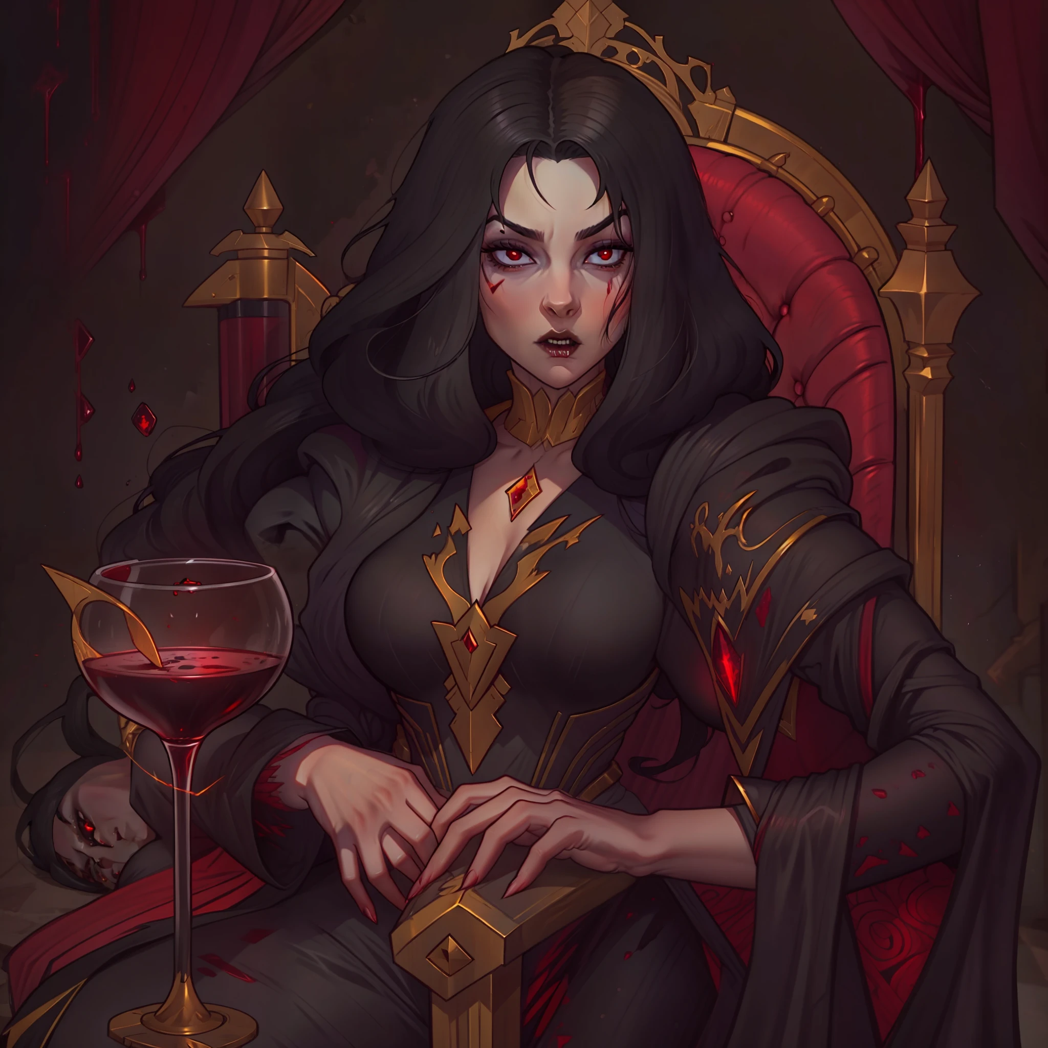 female vampire countess, evil, has long black hair, wearing regal gold lined black dress, sitting on throne, has red eyes, holding a wine glass full of blood