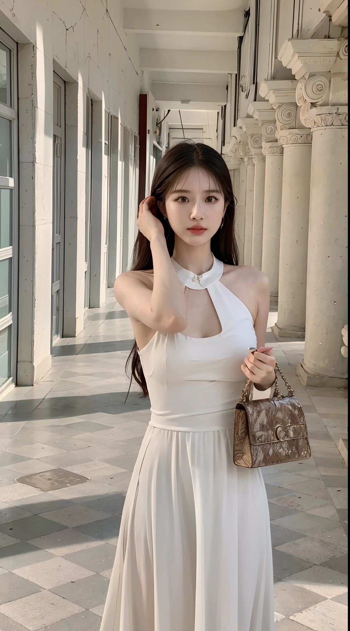 Araki woman in white dress looks at the camera with her purse, bae suzy, Gorgeous young Korean woman, beautiful Korean women, korean women's fashion model, Choi Hyun-hwa, Beautiful young Korean woman, smooth white tight clothes suit, white trendy clothes, Luxury dress, Elegant dress, Shin Jinying, Korean girl, Lee Ji-eun