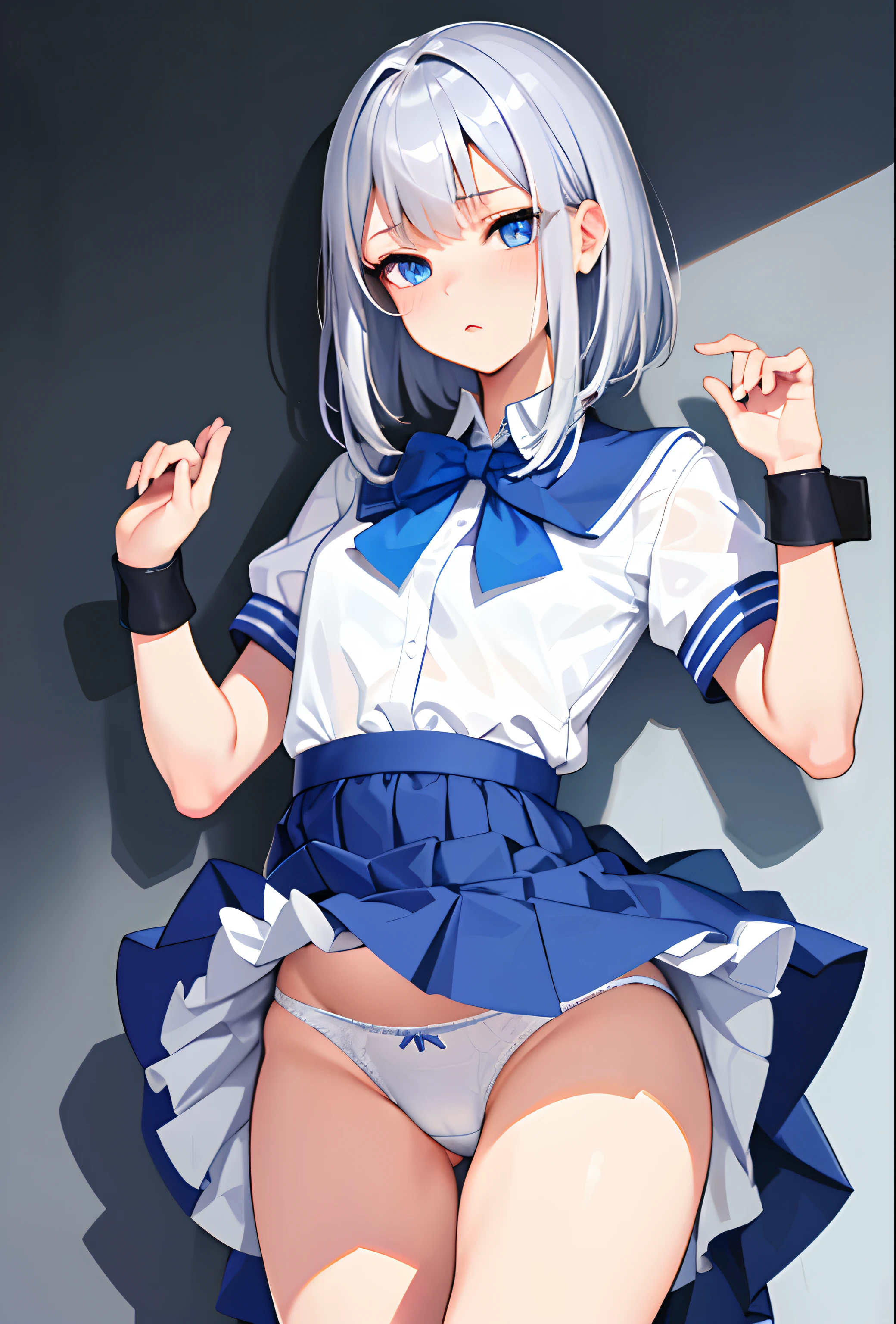 ((Masterpiece), Top Quality, Girl, (High School Uniform), , Silver Shorthair, Blue Eyes, (Skirt Deflected), (White Panties), (Small), Perfect Anatomy