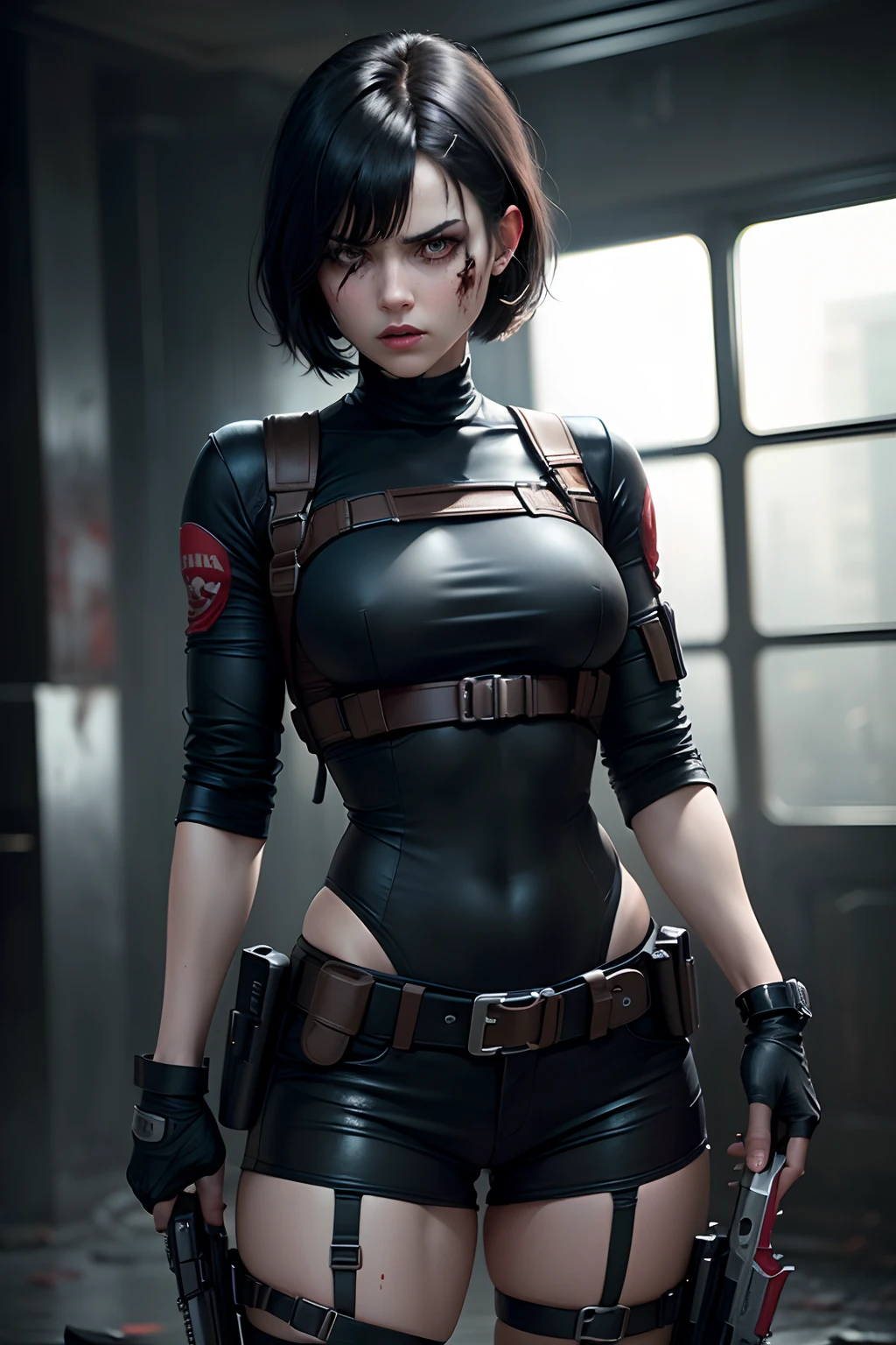 Resident Evil angry girl medium black hair with bangs black clothes holster holding gun, holding a dagger, Fighting, blood,