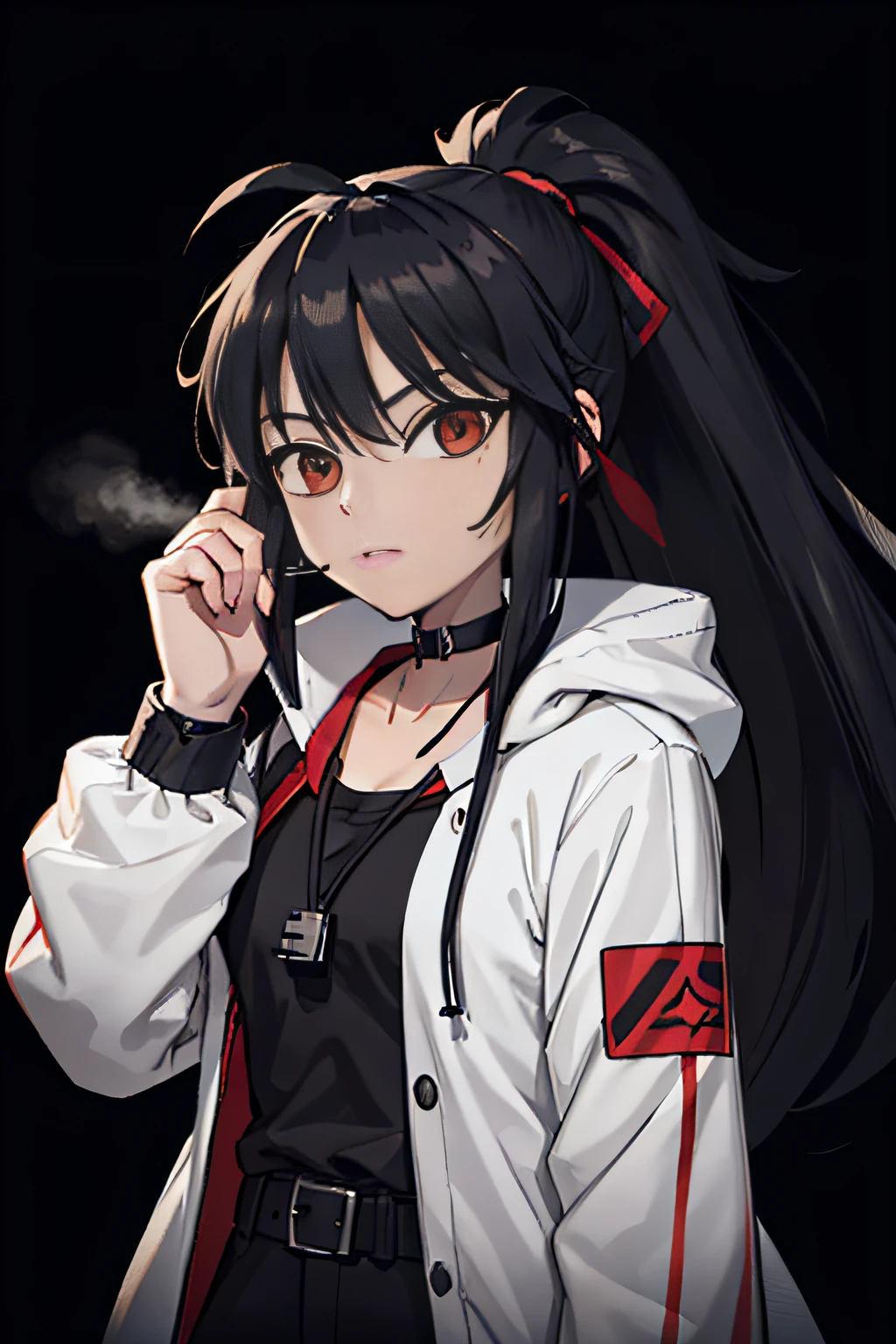 blacksilk,Long hair, Black hair, Messy hair, red highlights,choker necklace，High ponytail，Earphone，F cover,cropped shoulders，wind coat，backpacks，arm guards，huge tit，Headsets，balmy，Side breasts，dishiveredhair，arm guards，arm belt，obi strip，belt，Pocket，Call the device，Cross necklace，head gear，Black gloves，big headphone，Strap headphones，Strap，Pocket，Headbands，Issuing，athletic sneakers，Work badge，Long legs，leg loops，Bracelet