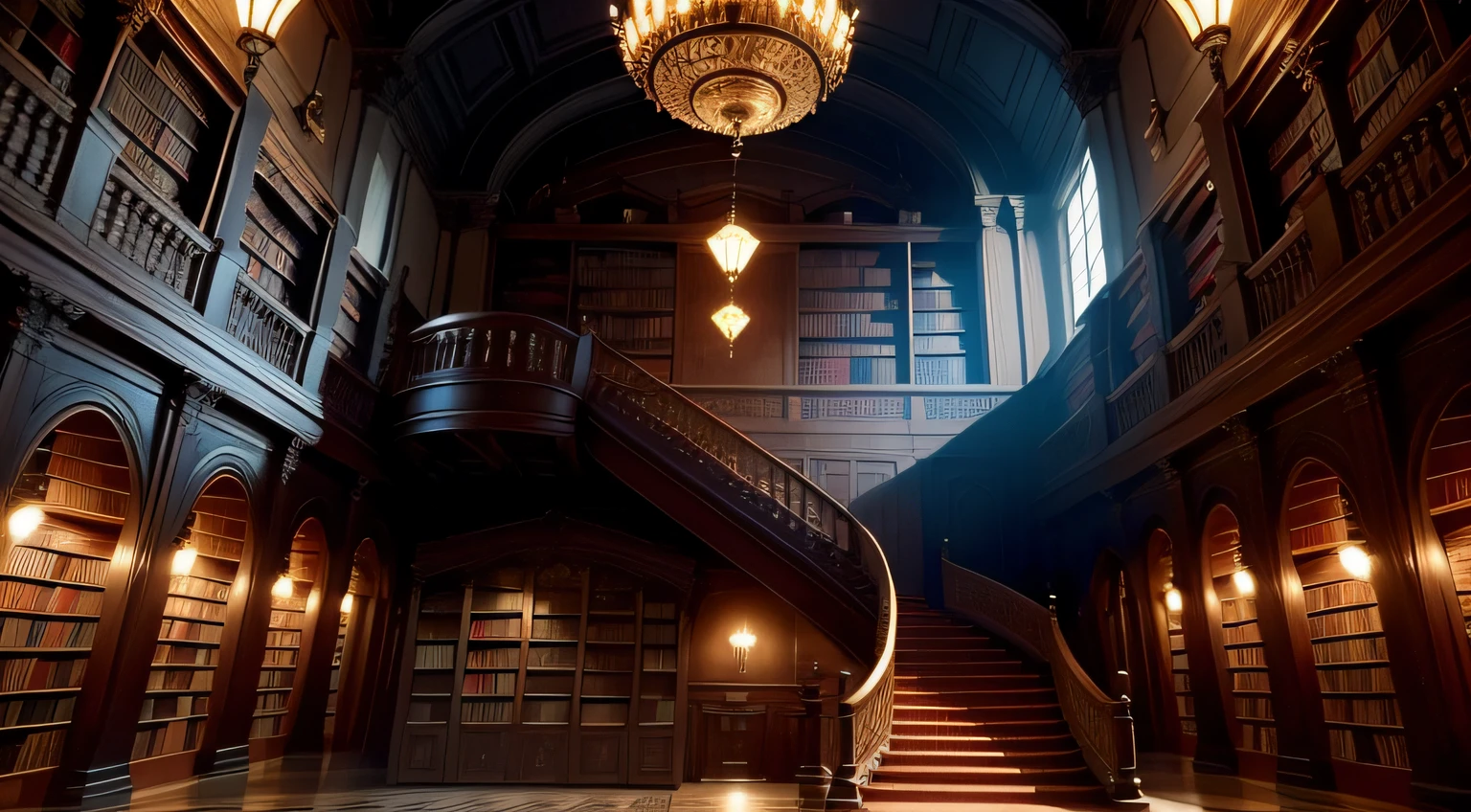 Fundo: Start with a background that represents a magician, biblioteca antiga. Pode ser uma imagem de uma biblioteca com prateleiras altas e cheias de livros empoeirados, with wooden stairs and soft lighting to create a warm and mysterious atmosphere. 2.