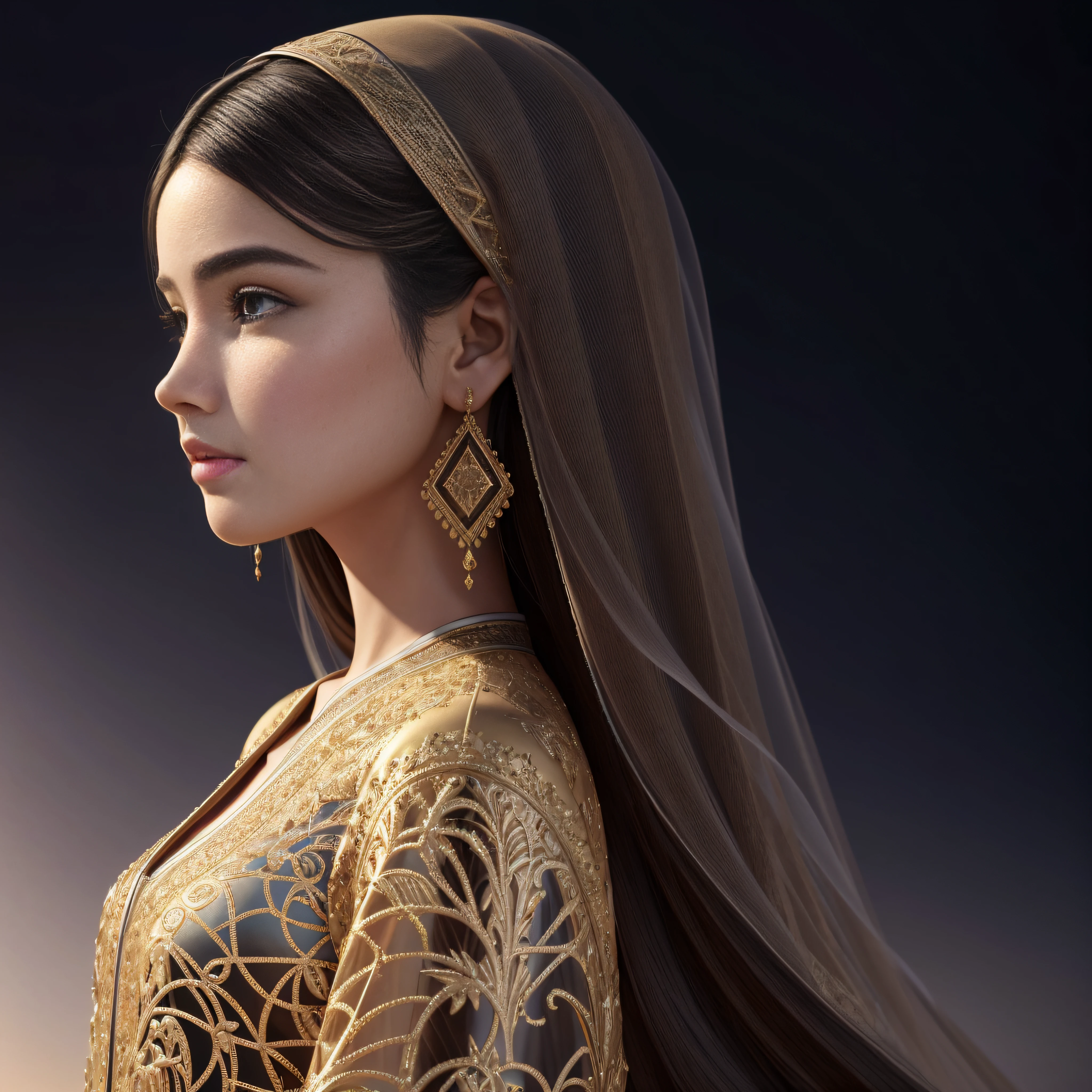 Beautiful Afghan girl, side view, Disney Pixar style, rotating, style, right side, desert -- auto -- s2、Fibonacci、the golden ratio、melted wax、Visible brush strokes、3D tessellation wireframe、neural graphic、neurons、The Tree of Life、Farbe、tenderness、passion、The ultra -The high-definition、8K UHD、​masterpiece
