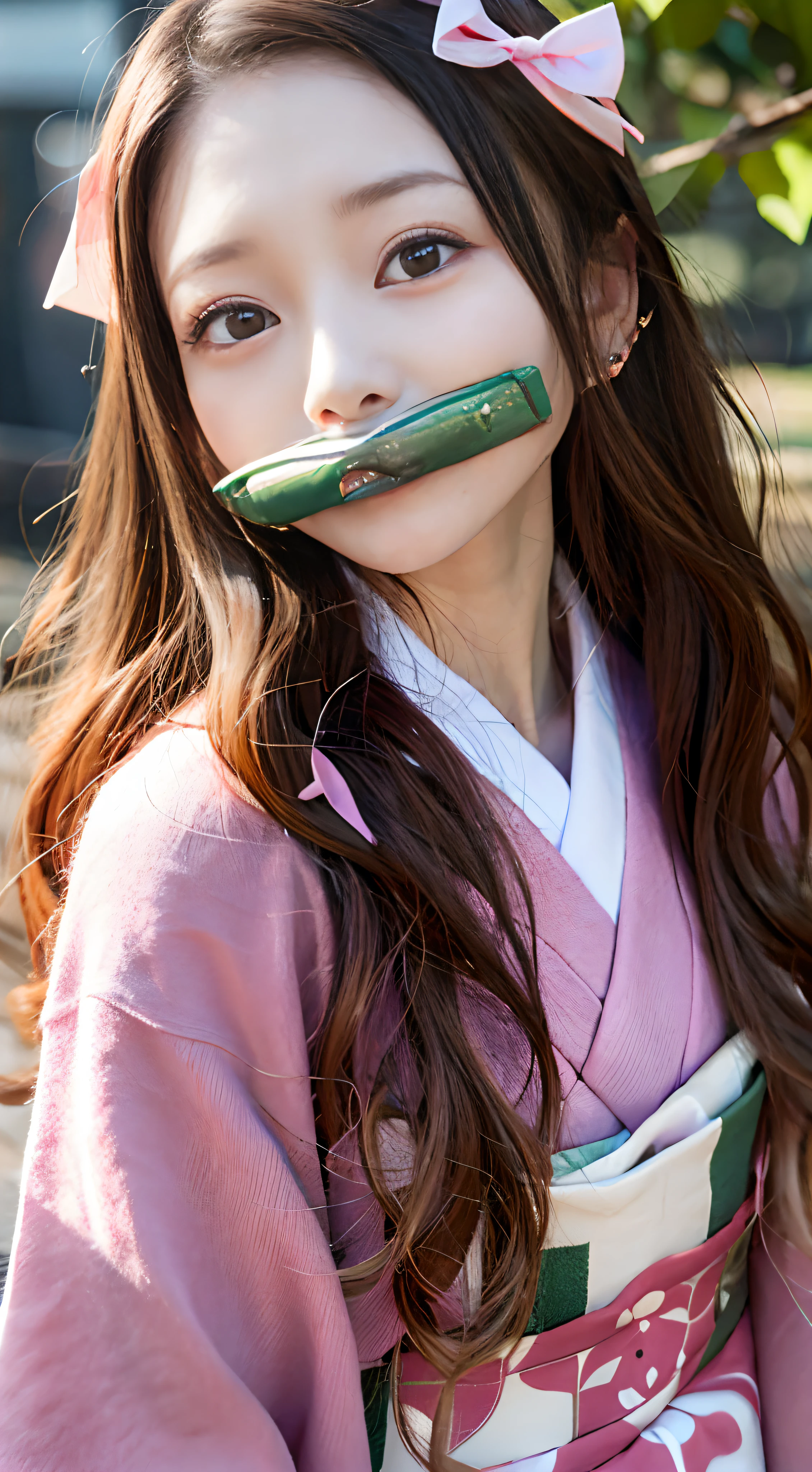 Girl, long black hair with orange tips, black kimono , pink dress, pink bow in hair, red and white checkered belt, green muzzle in mouth