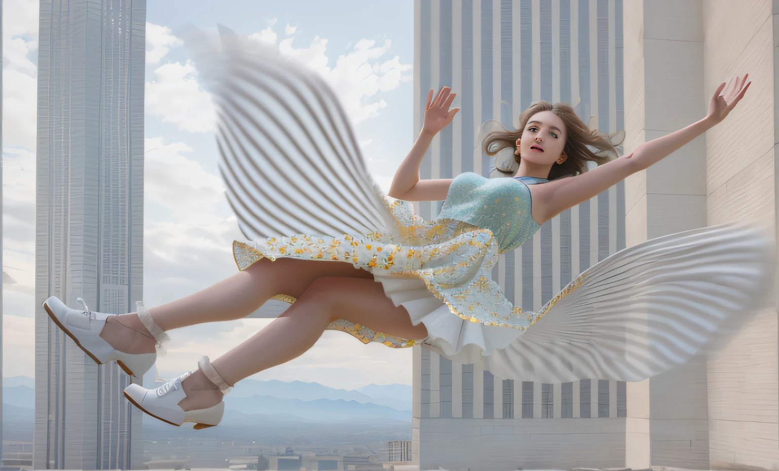 Pretty women, floating in mid-air, she is floating in the air, rising in the air levitating, leaping into the air, editorial photography, Leaping, mid-air, flying through the air, Levitation, leaping towards viewer