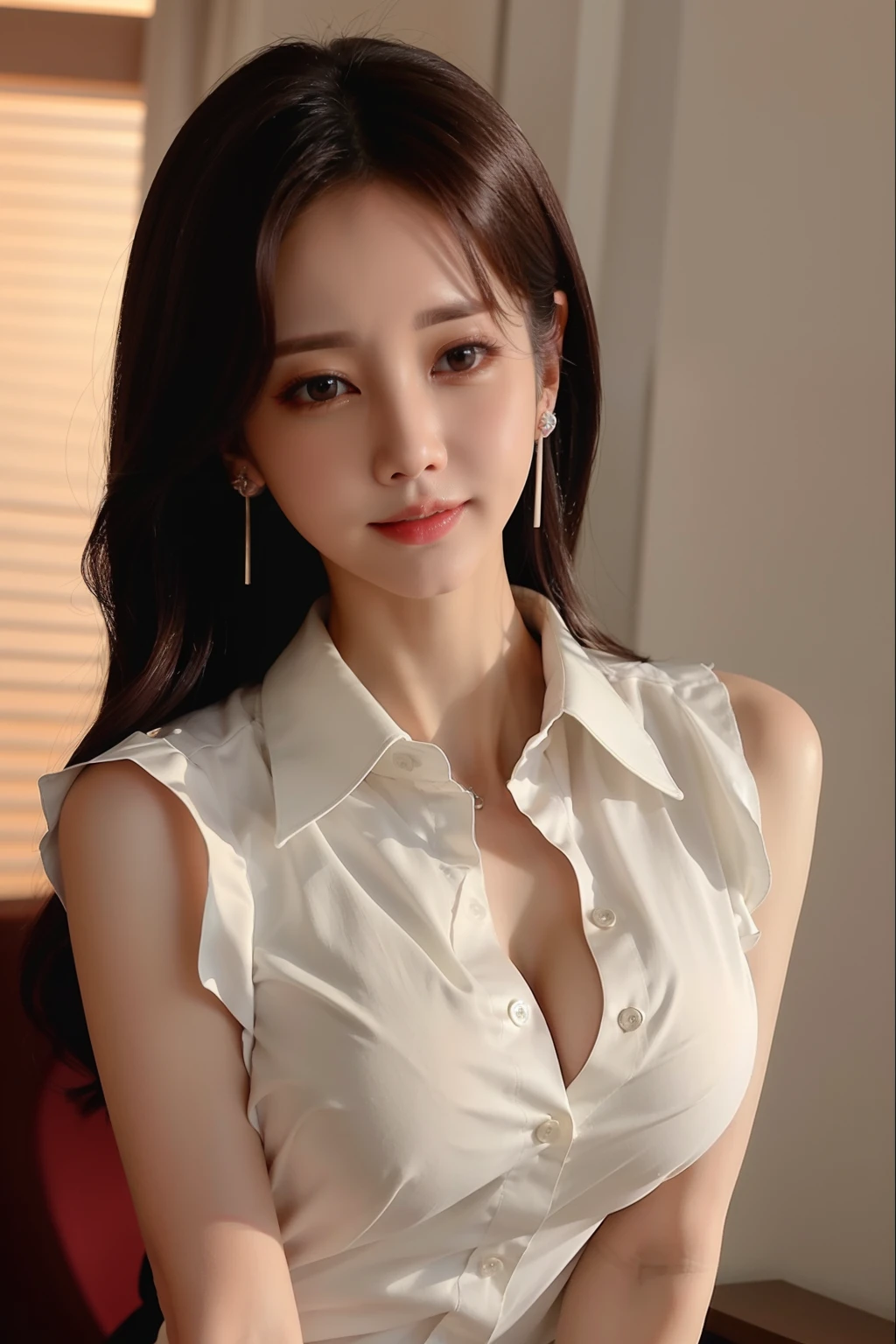 (8K、top-quality、masterpiece:1.2)、(realisitic、Photorealsitic:1.37)、ultra-detailliert、1girl in、cute little、独奏、Beautiful detailed sky、Detailed Office、natta、sitting on、(blush of the nose)、(a smile:1.15)、(Mouth closed)、medium chest、beatiful detailed eyes、(Sleeveless shirt with collar:1.1)、natta、wet、business clothes、Sateen、(length hair:1.2)、pureerosface_v1、computers、detail finger、Beautiful detail face、large earring、opened breast、thin frame glasses、
