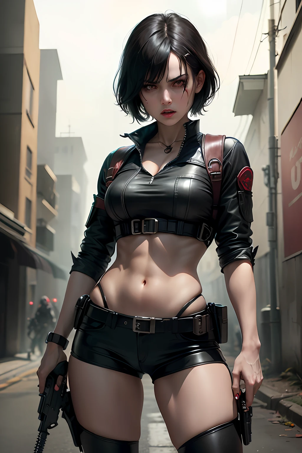 Resident Evil angry girl medium black hair with bangs black clothes holster holding gun, holding a dagger, Fighting, blood, guns, knife, blood