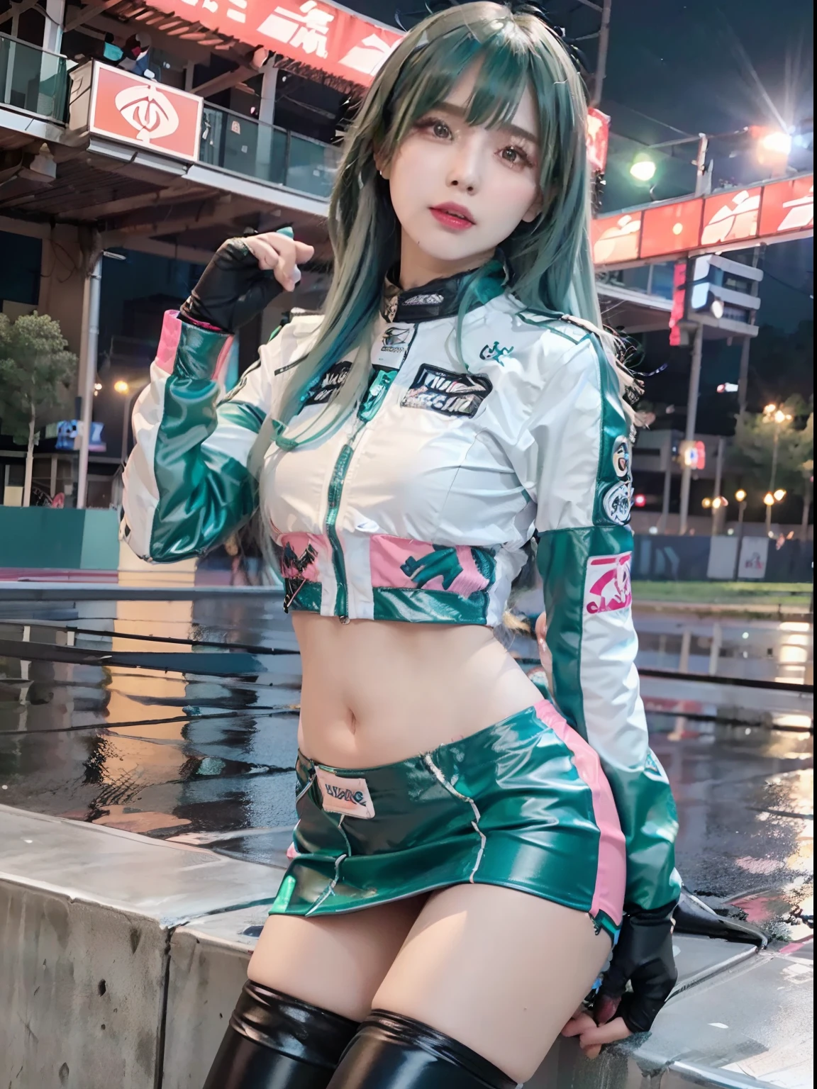 Top Quality, Ultra High Resolution, (Photorealistic: 1.4), (Pink Long Hair: 1.3), (Azure Lane\), One Girl, (Kpop Idol), Watch Audience, Detailed Face, Contrappost, Smooth Skin, Perfect Anatomy Professional Lighting, Futuristic Fashion, Streetwear, High-Tech Fabric, Racing Suit, Fireproof Material, Elbow and knee pads, racing gloves, personalized embroidery, mini skirt, belly button, long hair, emerald green hair, light blue hair, blue-green hair, Suzuka circuit, circuit home straight, race track, international circuit, supergt, big breasts, big, race queen, side tail