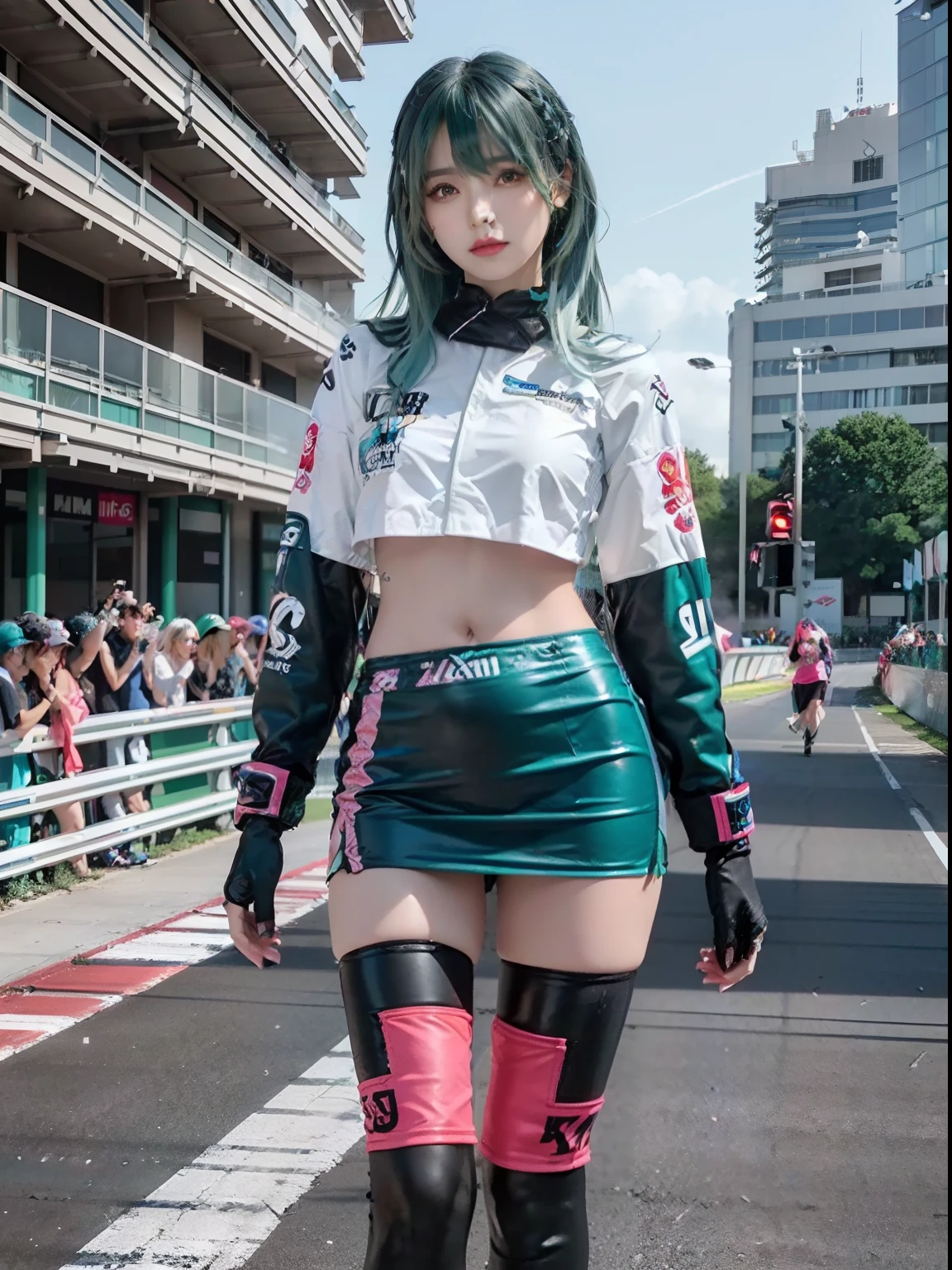 Top Quality, Ultra High Resolution, (Photorealistic: 1.4), (Pink Long Hair: 1.3), (Azure Lane\), One Girl, (Kpop Idol), Watch Audience, Detailed Face, Contrappost, Smooth Skin, Perfect Anatomy Professional Lighting, Futuristic Fashion, Streetwear, High-Tech Fabric, Racing Suit, Fireproof Material, Elbow and knee pads, racing gloves, personalized embroidery, mini skirt, belly button, long hair, emerald green hair, light blue hair, blue-green hair, Suzuka circuit, circuit home straight, race track, international circuit, supergt, big breasts, big, race queen, side tail