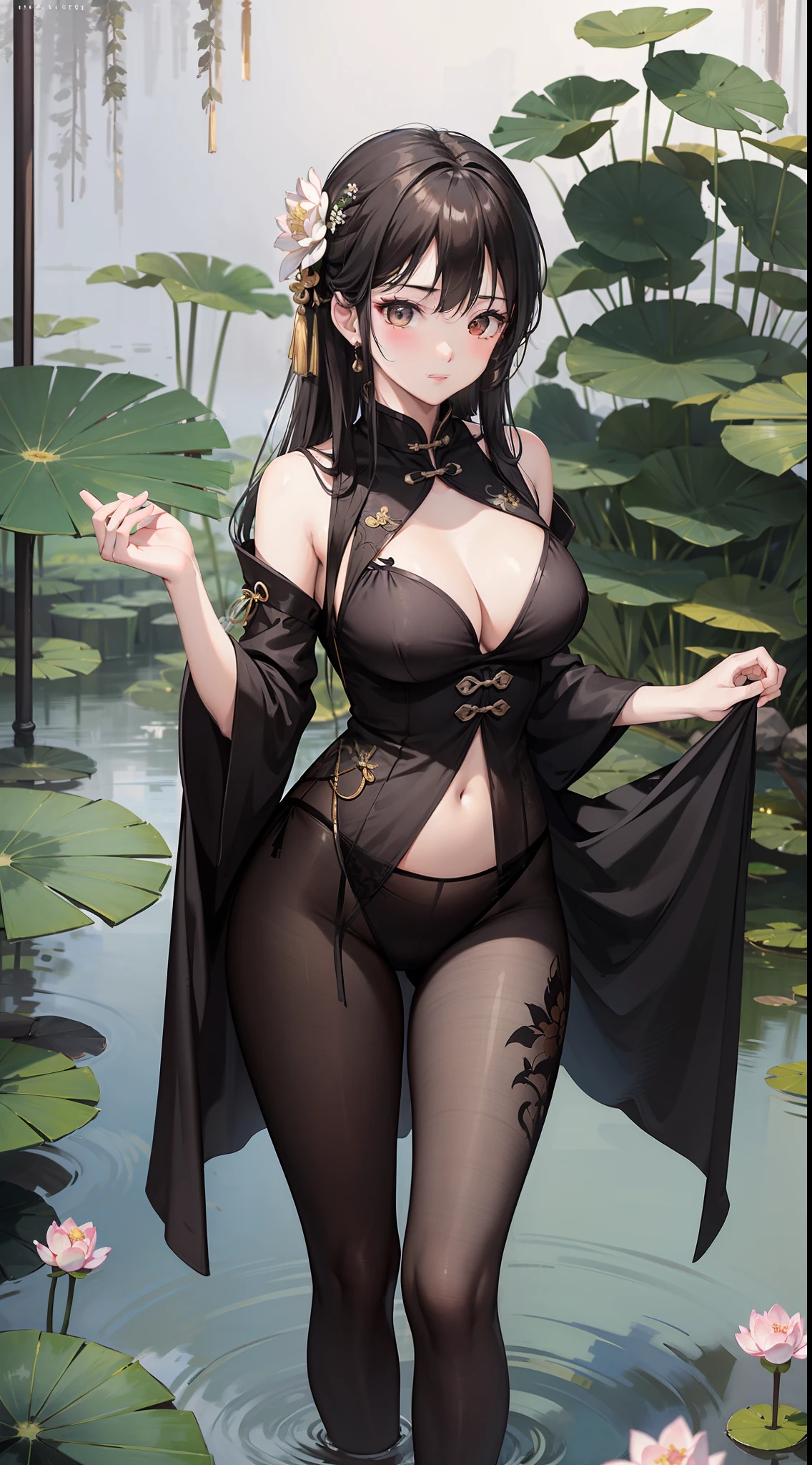 hoang lap,A high resolution,ultra - detailed,photo-realistic(1girll:1.3),handpainted,Simple lines, wearing black Chinese Hanfu,beuaty girl,In the lotus pond,tmasterpiece,standing in water,black pantyhoses,black pantyhoses,ssmile,looking toward the viewer,Large round chest,Raised sexy,Raised sexy,Raised sexy,black pantyhoses,Dance