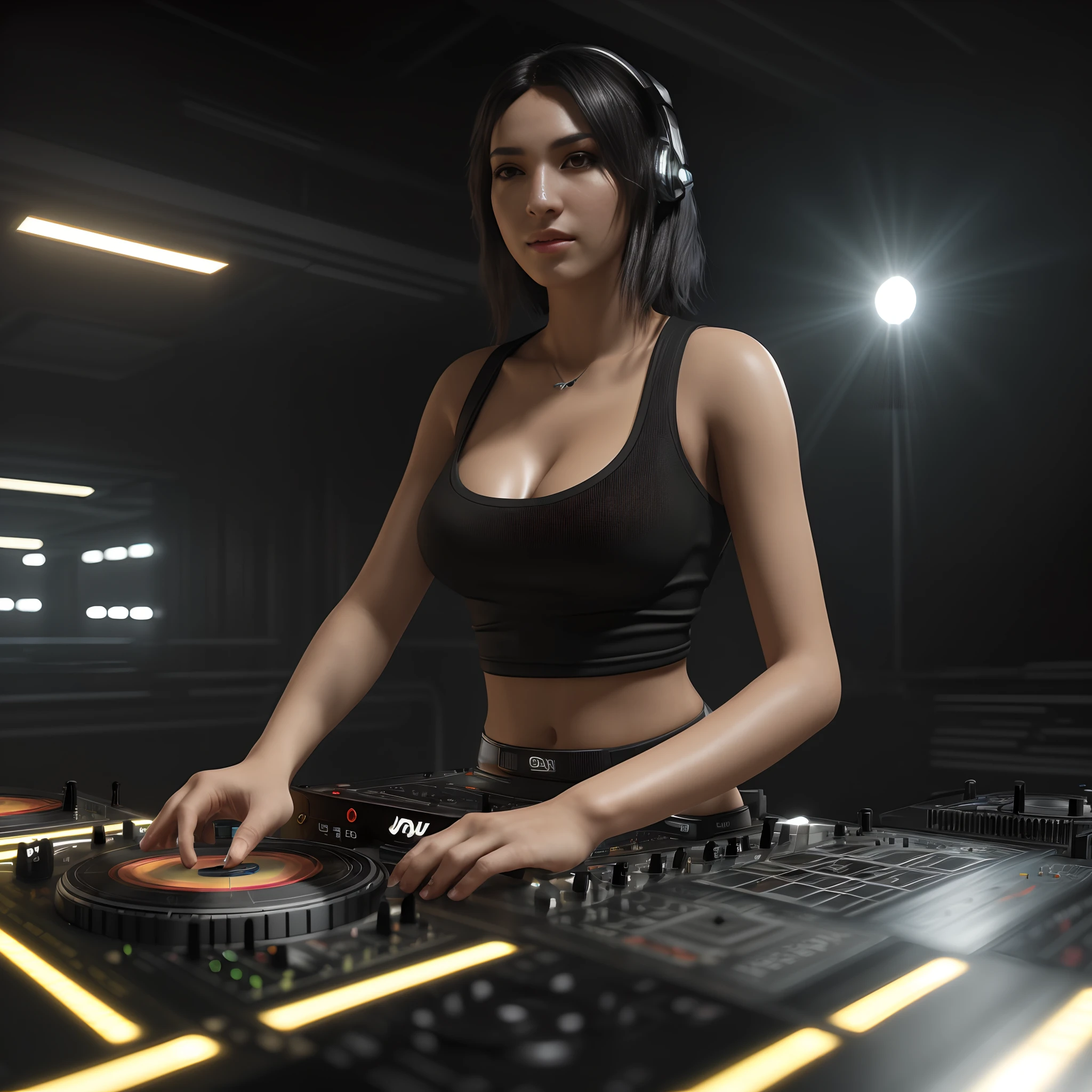 ((A beautiful  woman DJ playing records:1.3), playing live)), ((Best Quality)), ((Masterpiece)), (Highly Detailed:1.2), (Octane Rendering), ((Octane Style), 3D, beautiful ((cyberpunk woman)) with voluminous hair, hack, HDR (High Dynamic Range), Ray Tracing, NVIDIA RTX, Super- Resolution, Unreal 5, Subsurface Scattering, PBR Texture, Post Processing, Anisotropic Filtering, (Depth of Field), Maximum Clarity and Sharpness, Multilayer Textures, Albedo and Specular Maps, Surface Shading, ((Accurate simulation of light- material)), ((Perfect Proportions, Octane Rendering, Two-Tone Lighting, Low ISO, White Balance, Golden Rule, Large Aperture, 8K RAW, Efficient Sub-Pixel, Sub-Pixel Convolution, Luminescent Particle, Light Scattering light, Tyndall effect))