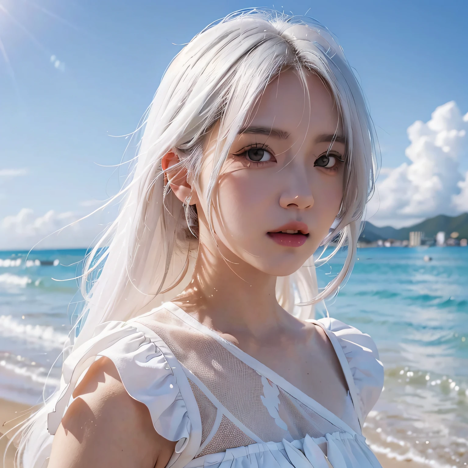 Anime girl with white hair standing on the sand, Art Germ at Art Station Pixiv, ig model | Art Germ, Art Germ. high detailing, ! Dream Art Germ, Rosie's portrait anime illustration, Detailed Digital Anime Art, Fanart Meilleure ArtStation, artgerm portrait