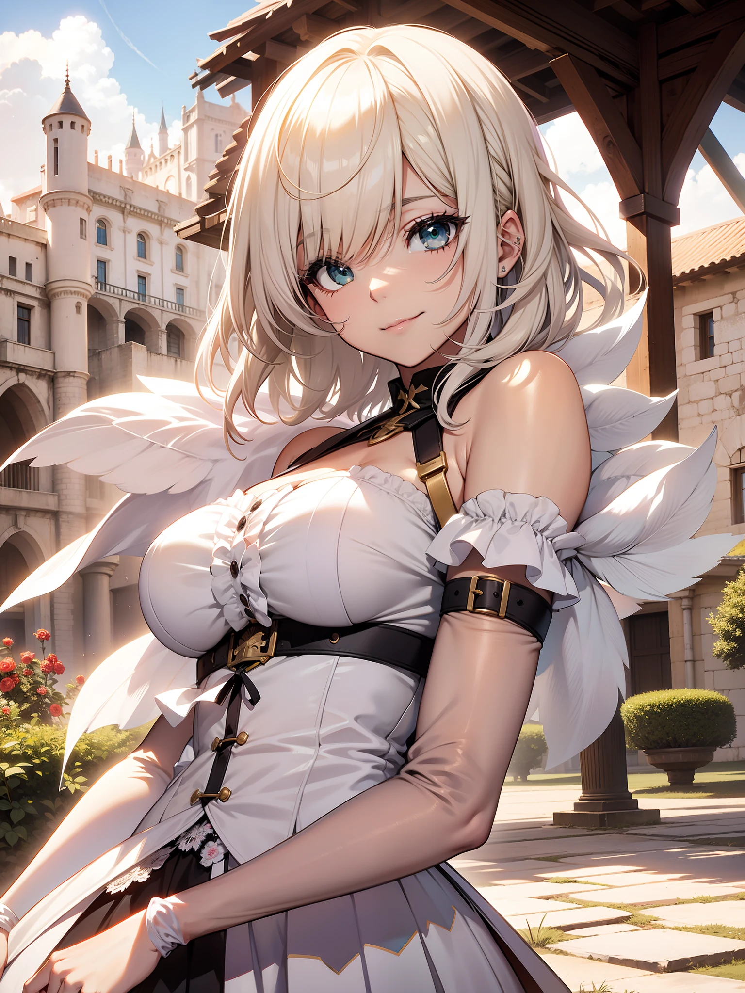 Chica de anime con cabello blanco y corto, y ojos verdes, cuerpo sensual, hermosa sonrisa, castillo de paisaje,