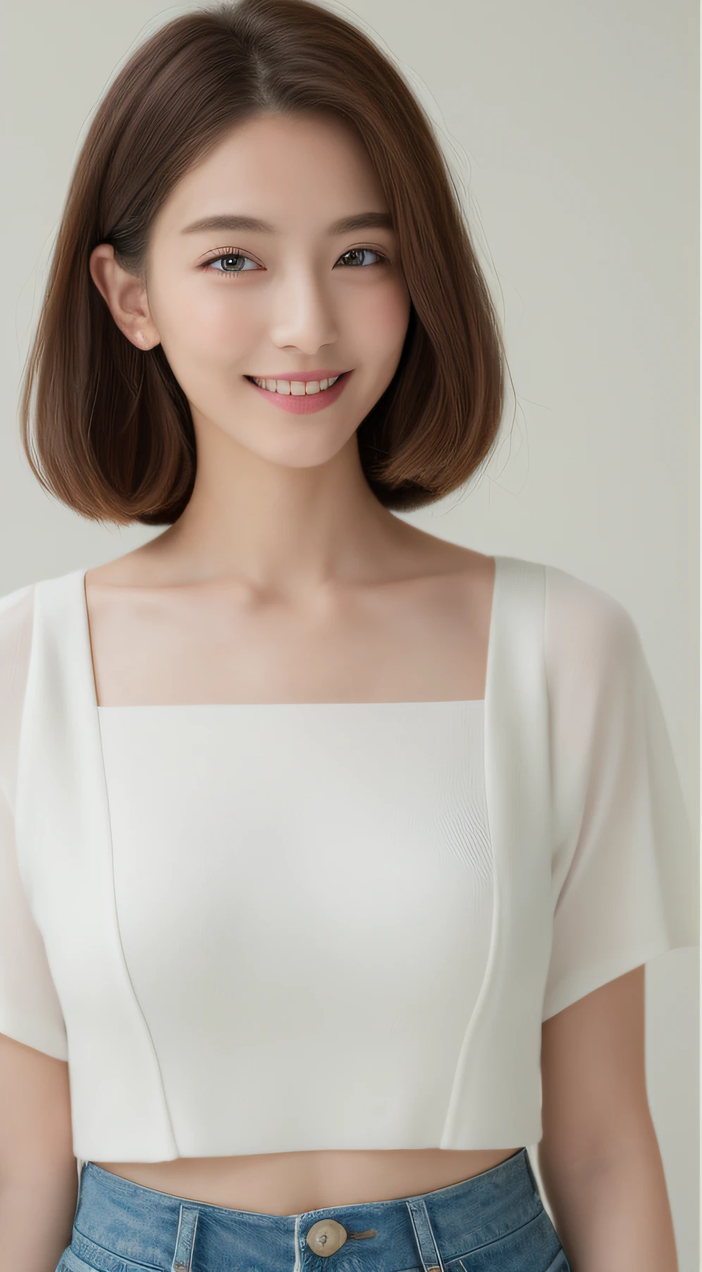 ((top-quality、8K、masterpiece:1.3))、1girl in、Slim Abs Beauty:1.3、(Hairstyle Casual、huge tit:1.2)、Plain clothe:1.1、Super fine face、Delicat eyes、二重まぶた、a smile、home、White wall