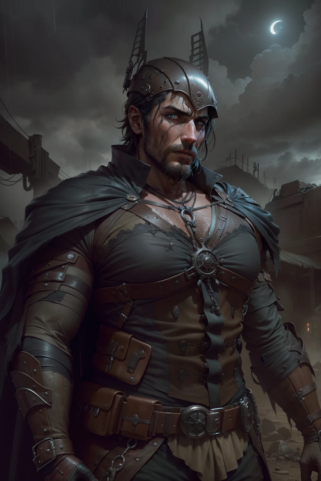 midnight sky mystical dark heavy rain steampunk dark fantasy portrait of a man, apocalypse survivor, confident eyes, looking at camera, wearing a worn out dirty ragged detailed sports clothing, realistic hands, accurate anatomy, apocalyptic environment