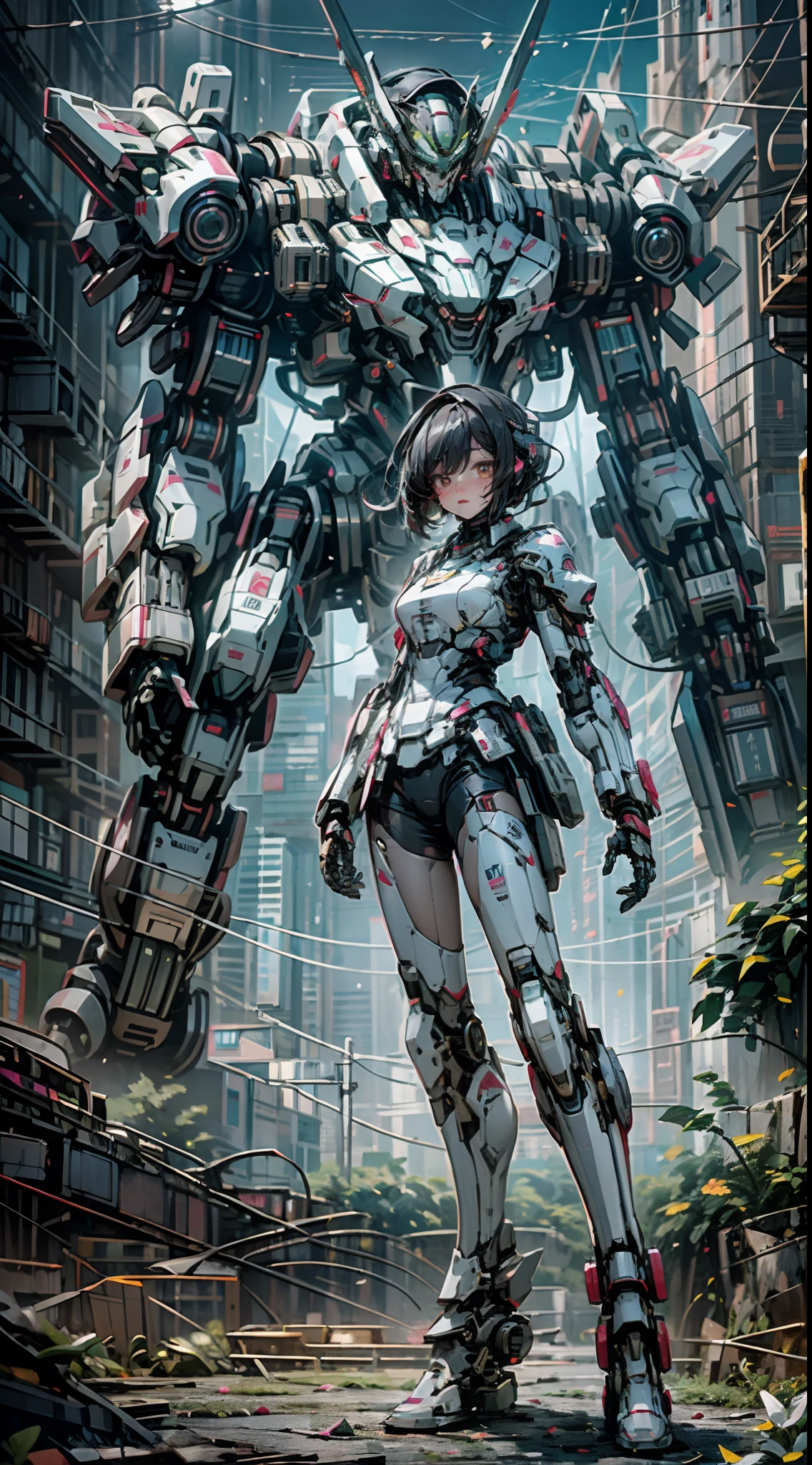 ((Best Quality)), ((Masterpiece)), (Very Detailed:1.3), 3D, Shitu-mecha, Beautiful cyberpunk woman with her pink mech in the ruins of a city in the forgotten war, Ancient technology, HDR (High Dynamic Range), ray tracing, NVIDIA RTX, super resolution, unreal 5, subsurface scattering, PBR texture, post-processing, anisotropic filtering, depth of field, maximum sharpness and sharpness, multi-layer texture, albedo and highlight maps, surface shading, Accurate simulation of light-material interactions, perfect proportions, octane rendering, duotone lighting, low ISO, white balance, rule of thirds, wide aperture, 8K RAW, efficient sub-pixels, subpixel convolution, luminescent particles, light scattering, Tyndall effect