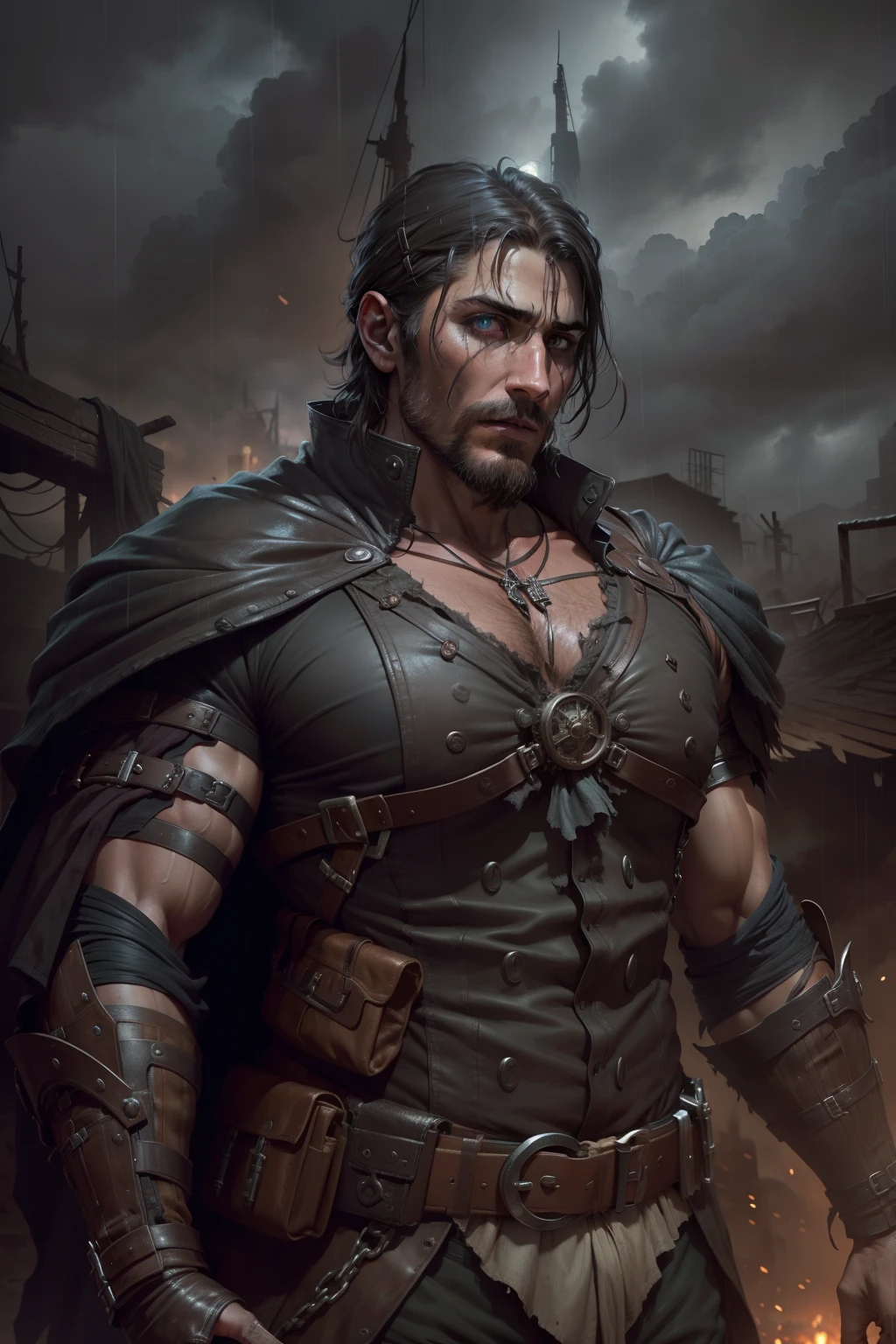 midnight sky mystical dark heavy rain steampunk dark fantasy portrait of a man, apocalypse survivor, confident eyes, looking at camera, wearing a worn out dirty ragged detailed sports clothing, realistic hands, accurate anatomy, apocalyptic environment