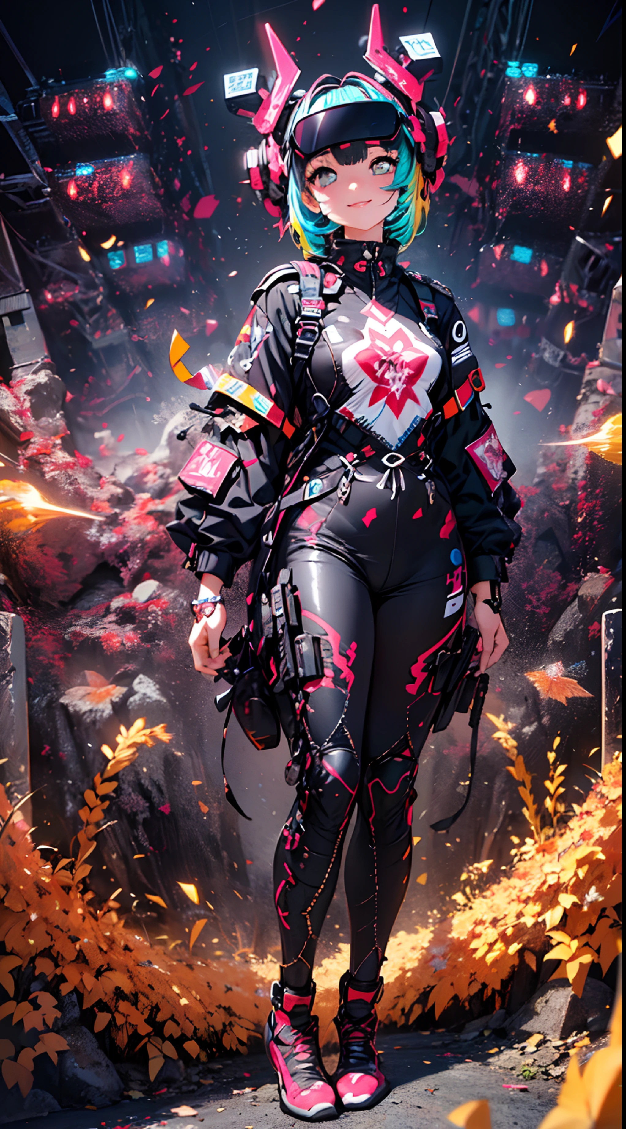 (cyberpunked),Optical camouflage、VR Goggles、Neon light、City of the Future、Jumpsuit、(1girl in, Solo:1.6),(Cute smile),(Clothes are simple), (Best Impact:1.5), (maximalism:1.7), Vivid contrast, (Realistic), hyperrealistic illustrations, hight resolution, ultra-detailliert, absurderes,(Fractal Art:1.3)、Random hairstyle、Random hair color colorful、FULL BODYSHOT、Retro、Precise focus、randome pose、cinema4d、Drama