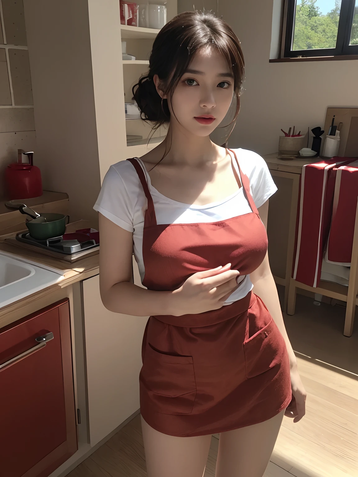  creates a girl in the kitchen of a millionaire house, the half-white girl with brown hair dressed in a red skirt, ultra realism taken with a professional camera