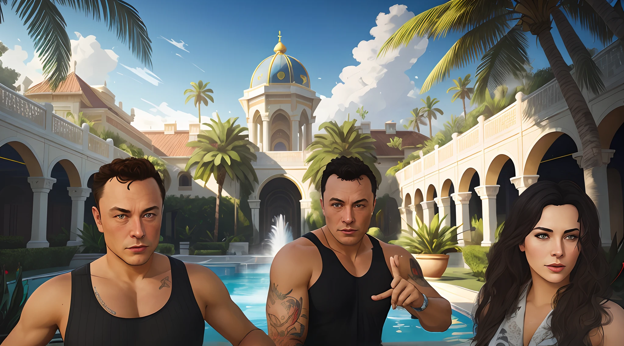 there are three people standing in front of a pool with a building in the background, style of gta v artworks, concept art like ernest khalimov, majestic masterpiece, mall background, arnold rendering, elon musk as a greek god, gta 5 cover art style, elon musk in gta v, donato giancola and tom bagshaw, palace background