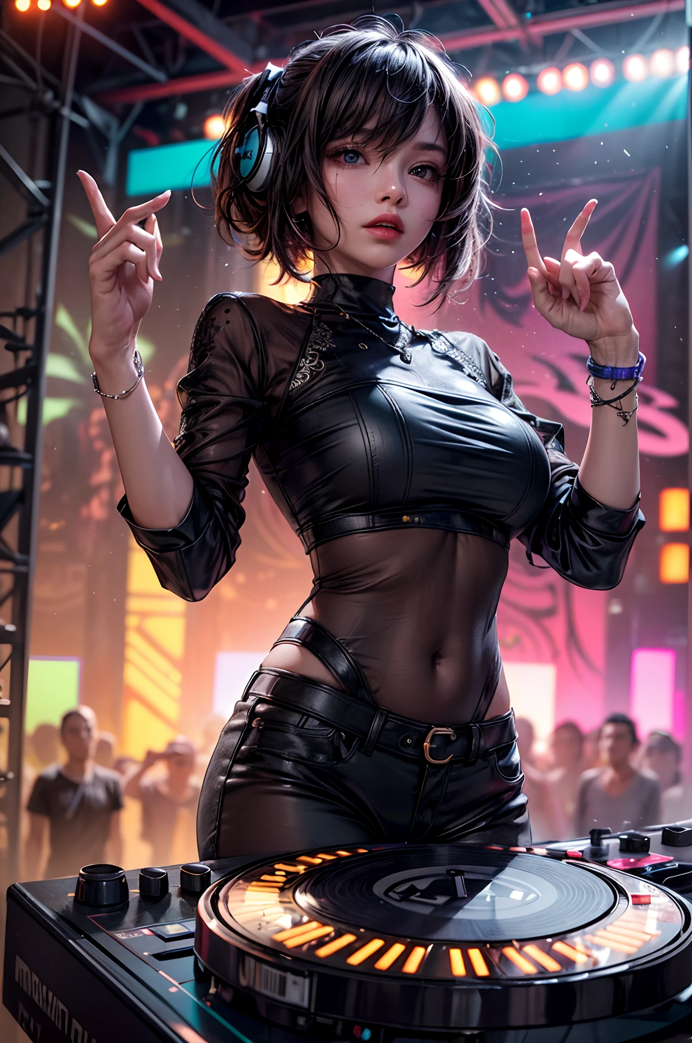 1girl,a beautiful fashion model ,(masterpiece, official art, best quality) (perfect eyes) , short and shiny dark blue hair, black streaks in hair, full lips, cute nose, medium , , elegant makeup, exhibitionism, naked in public, , slim thighs, toned body, shiny skin, sexy pose,,(( (slender, skinny, slim))), gold hoop earrings, eyeshadow, cute face, embarrassed, coy, surprised, blush, glittery skin, girl dancing on stage, skinny thighs, narrow hips, skirt lift, red and silver OUTFIT, slutty top, abs, toned stomach, chloe price, buns hairstyle