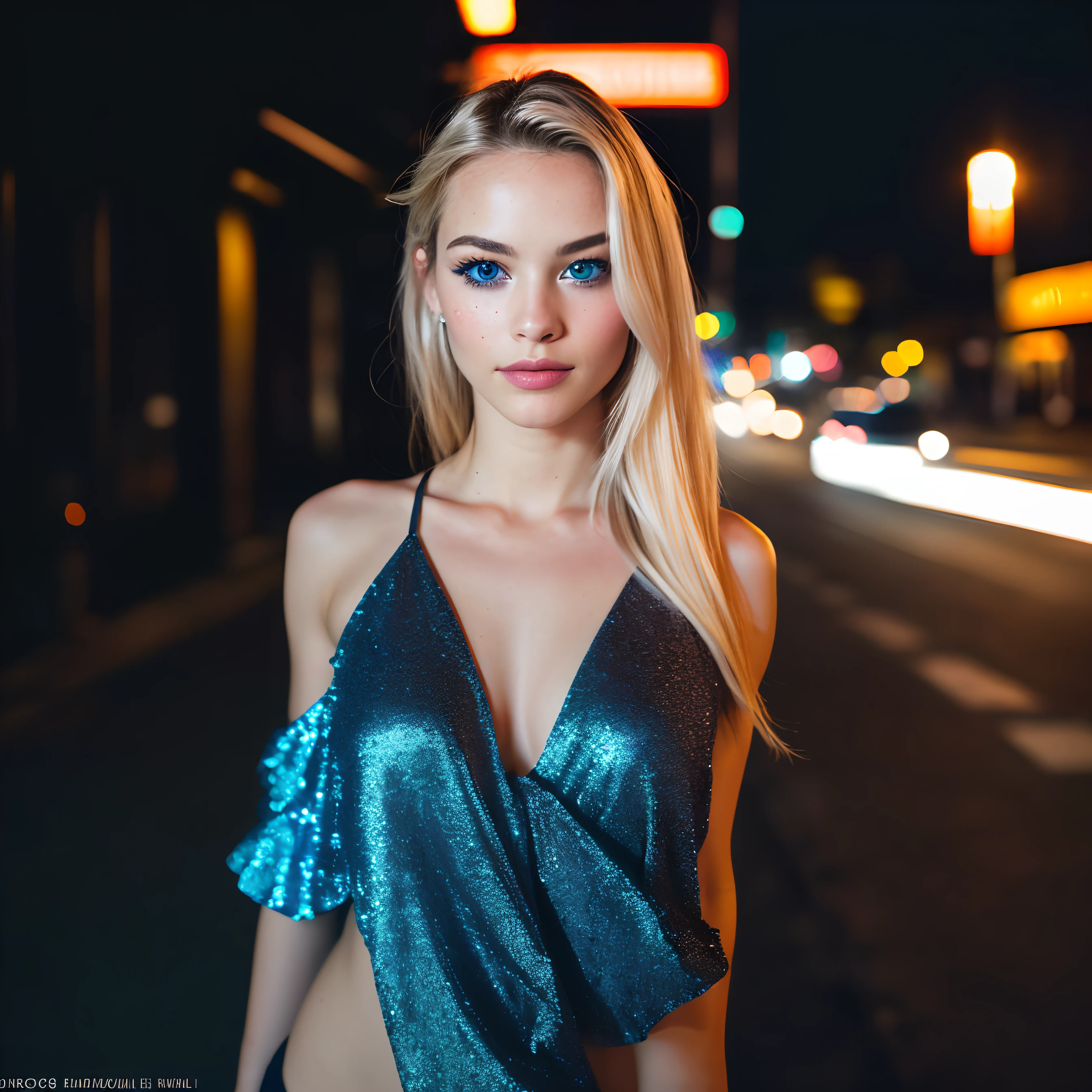 (selfie, top view: 1.4), (straight half of the body: 1.4), RAW UHD portrait photo of a 24-year-old blonde (blue-eyed woman) walking down a dark alley, large breasts,, city at night, (lingere), (neckline), details (textures! , hair! , glitter, color!! , disadvantages: 1.1), glossy eyes with high detail (looking at the camera), SLR lighting, SLR camera, ultra-quality, sharpness, depth of field, film grain (center), Fujifilm XT3, crystal clear, frame center, beautiful face, sharp focus, street lamp, neon lighting, bokeh (dimly lit), night, (night sky), detailed skin pores, oily skin, sunburn, complex eye details, full body