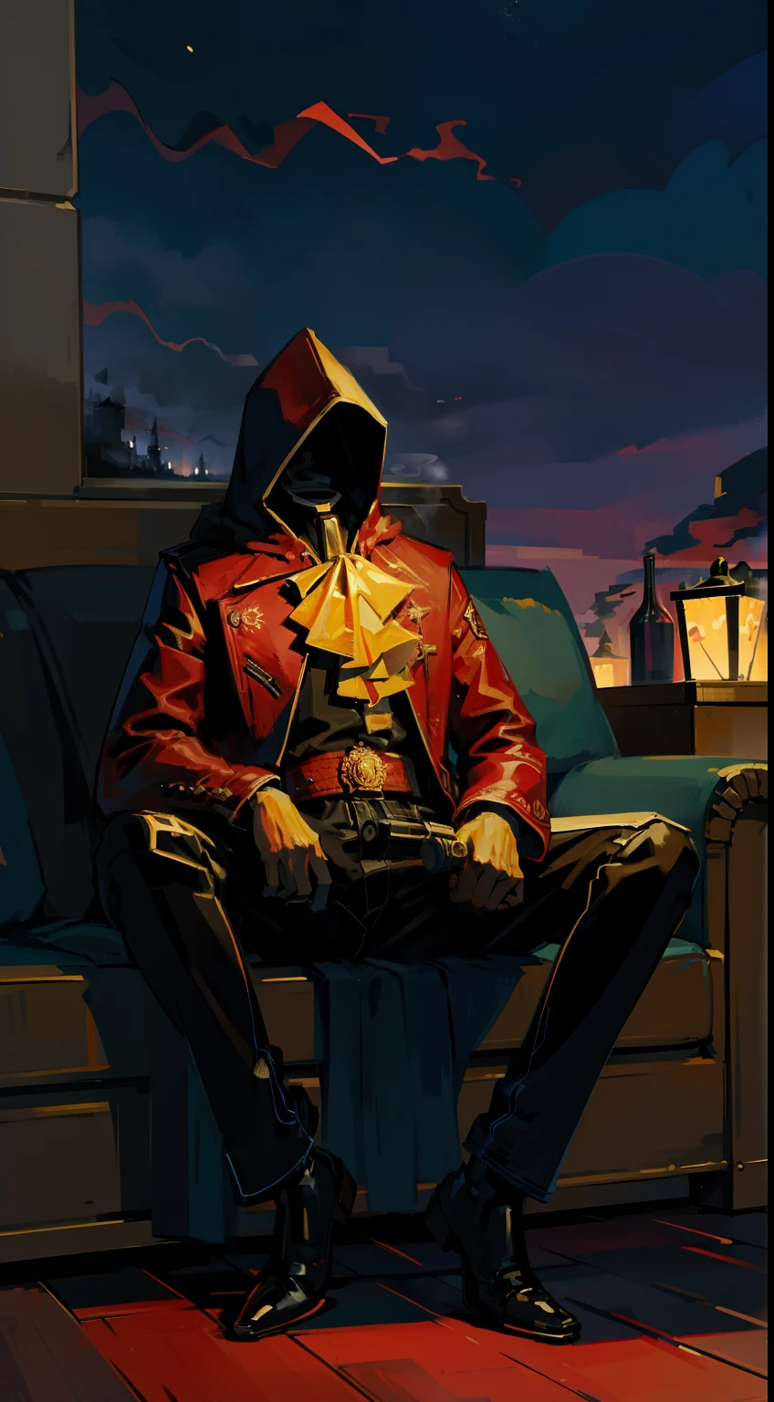 1man, masterpiece, gorgeous,strange head,hood,empty, coat, 4k, couch, gun, pistol, smoke, high details, gorgeous, 4k, BREAK close up, no humans, cinematic, dramatic,contrast, detailed background, sitting, night,fog, wallpaper, misteryous, digital art, artistic
