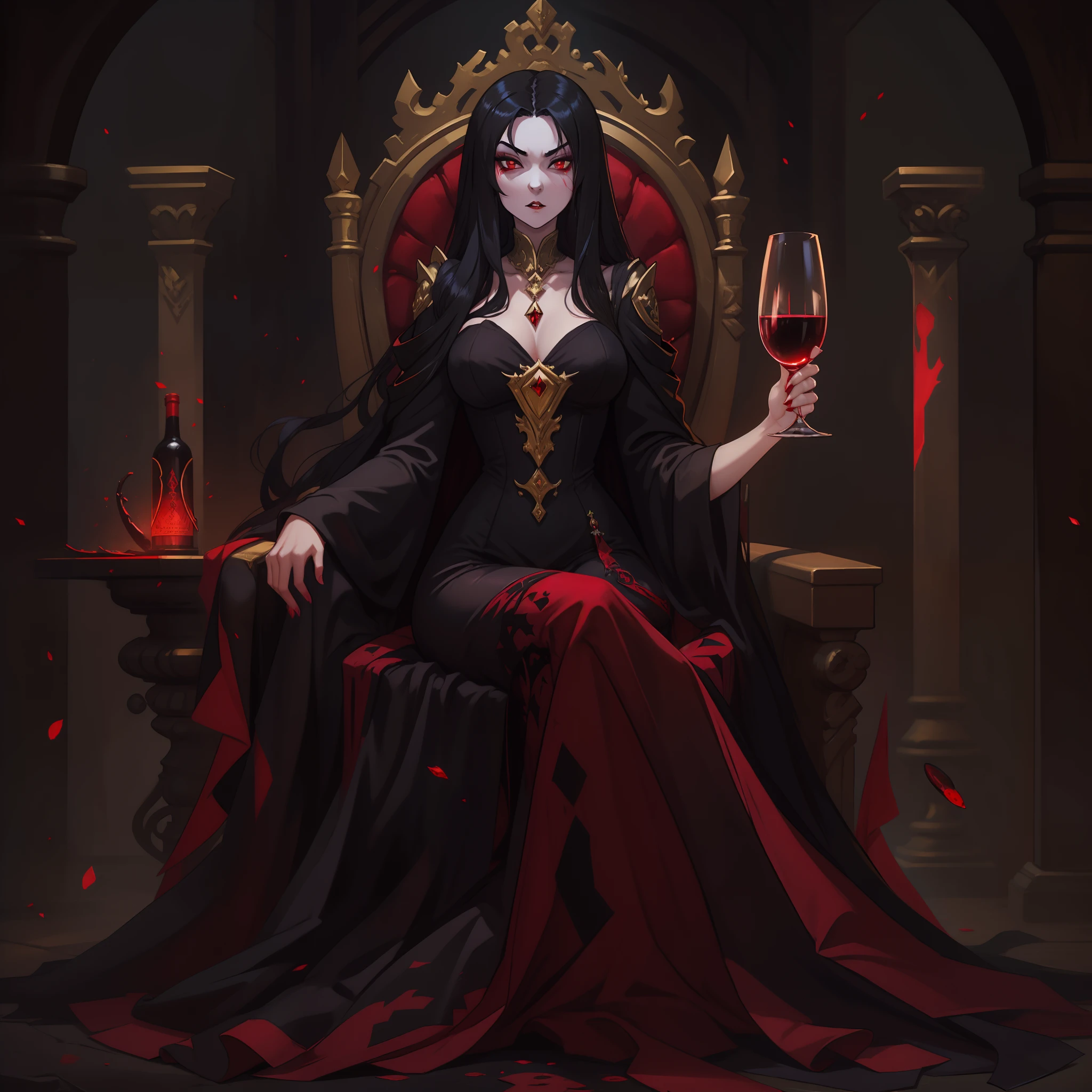 female vampire countess, evil, has long black hair, wearing regal gold lined black dress, sitting on throne, has red eyes, holding a wine glass full of blood